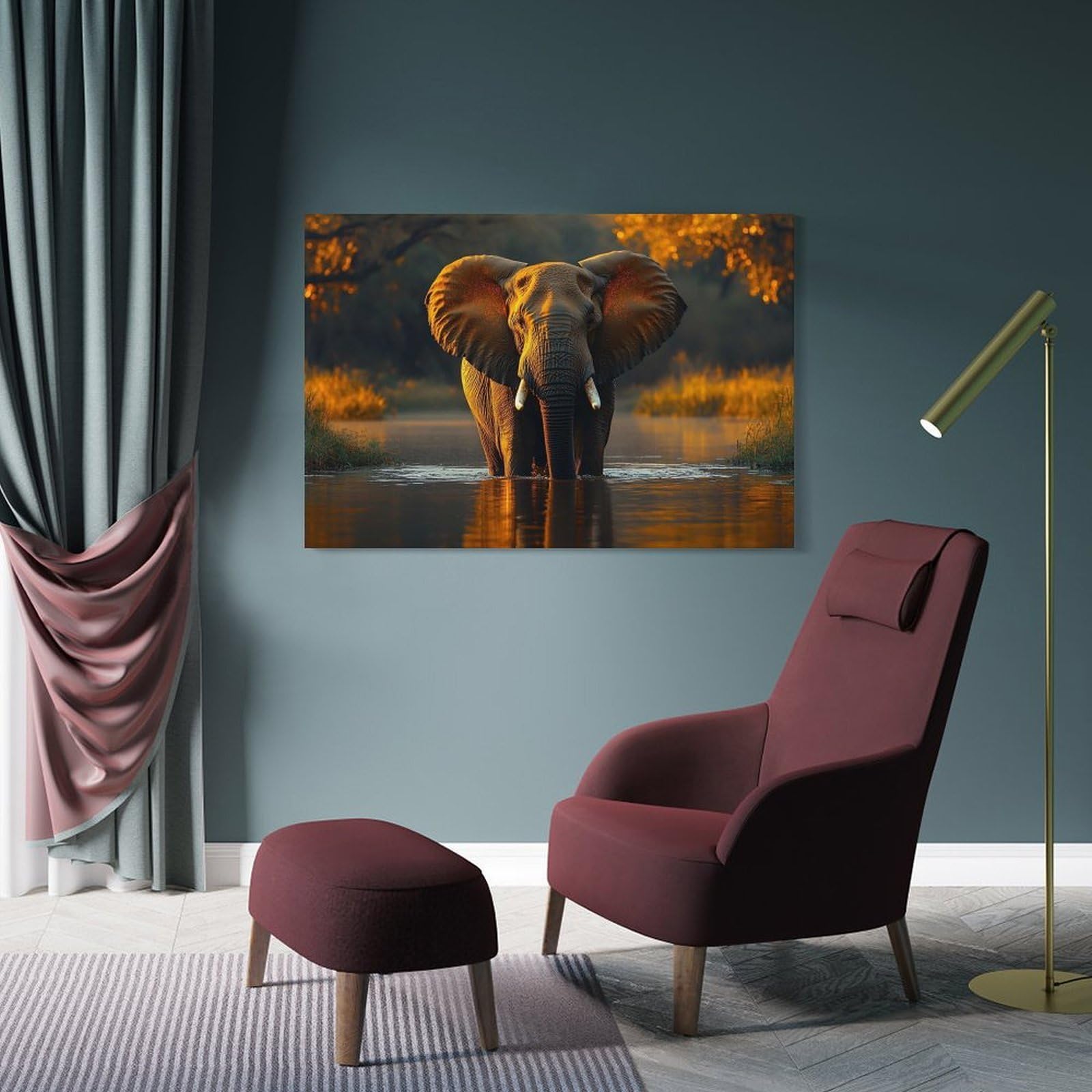 Junmoney Wall Art Print Elephant Wading in Water at Sunset, 20x30inch(50x75cm), for Living Room, Lounge Or Sitting Room, Eye Catching Artwork for Blank Walls