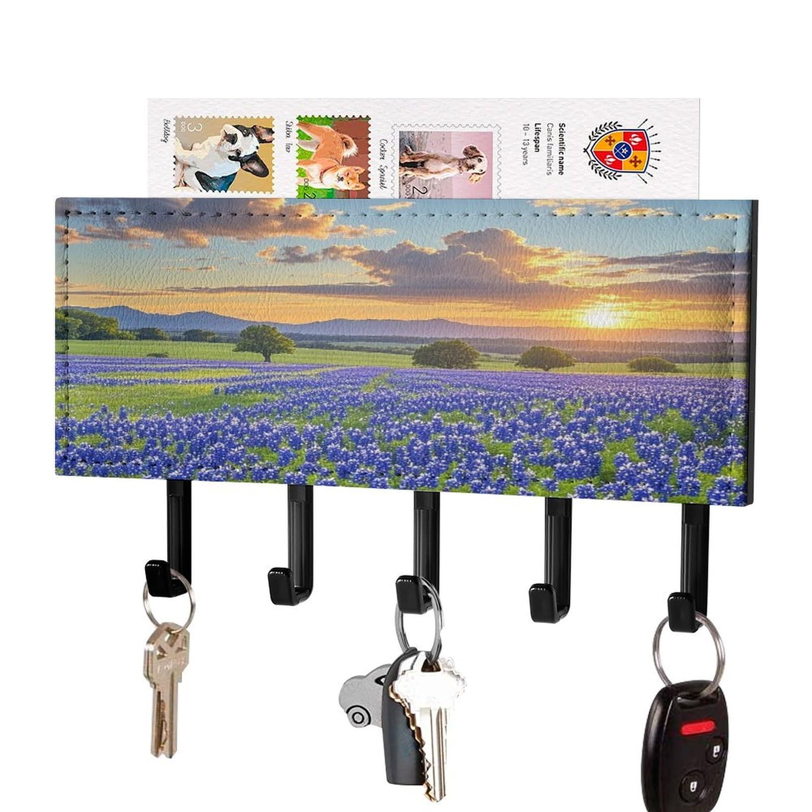 Vstadank Black-Style Texas Bluebonnets Scenery Key Holder Wall Mount Key Hanger Decor Pu Leather Adhesive Key Rack With 5 Hooks Hanging Key Hooks Key Organizer Rack For Hallway Door Entryway Home Decor