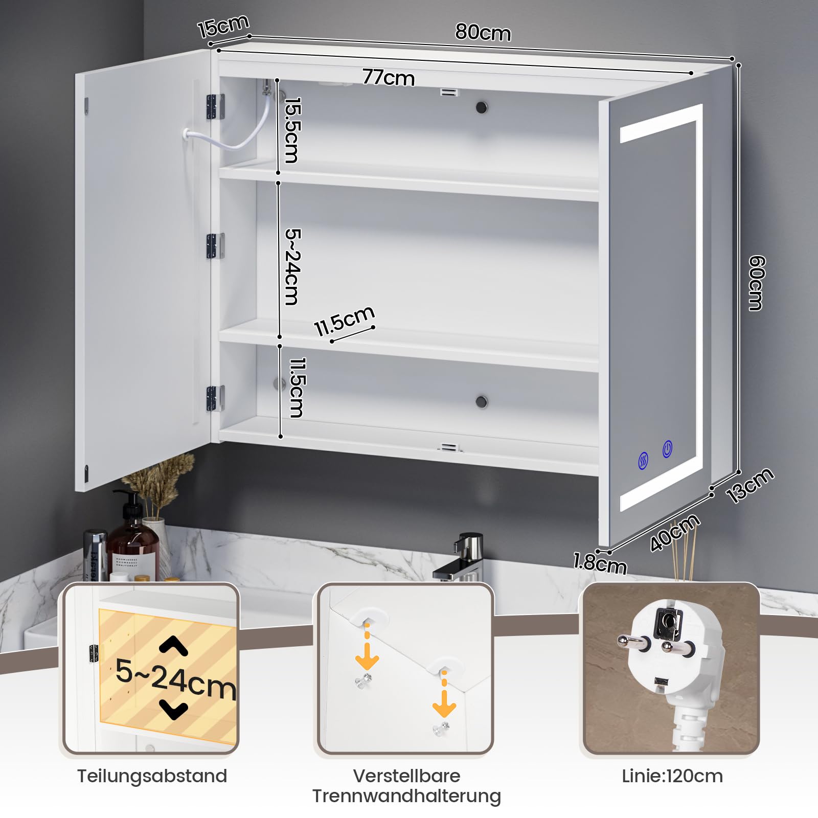 Spiegelschrank Bad mit Beleuchtung und Steckdose, 80x60x15cm, Badezimmer Spiegelschrank mit 3 LED-Lichtfarben dimmbar, Doppeltür, Verstellbares Regal, Antibeschlag, Wandmontage, Weiß