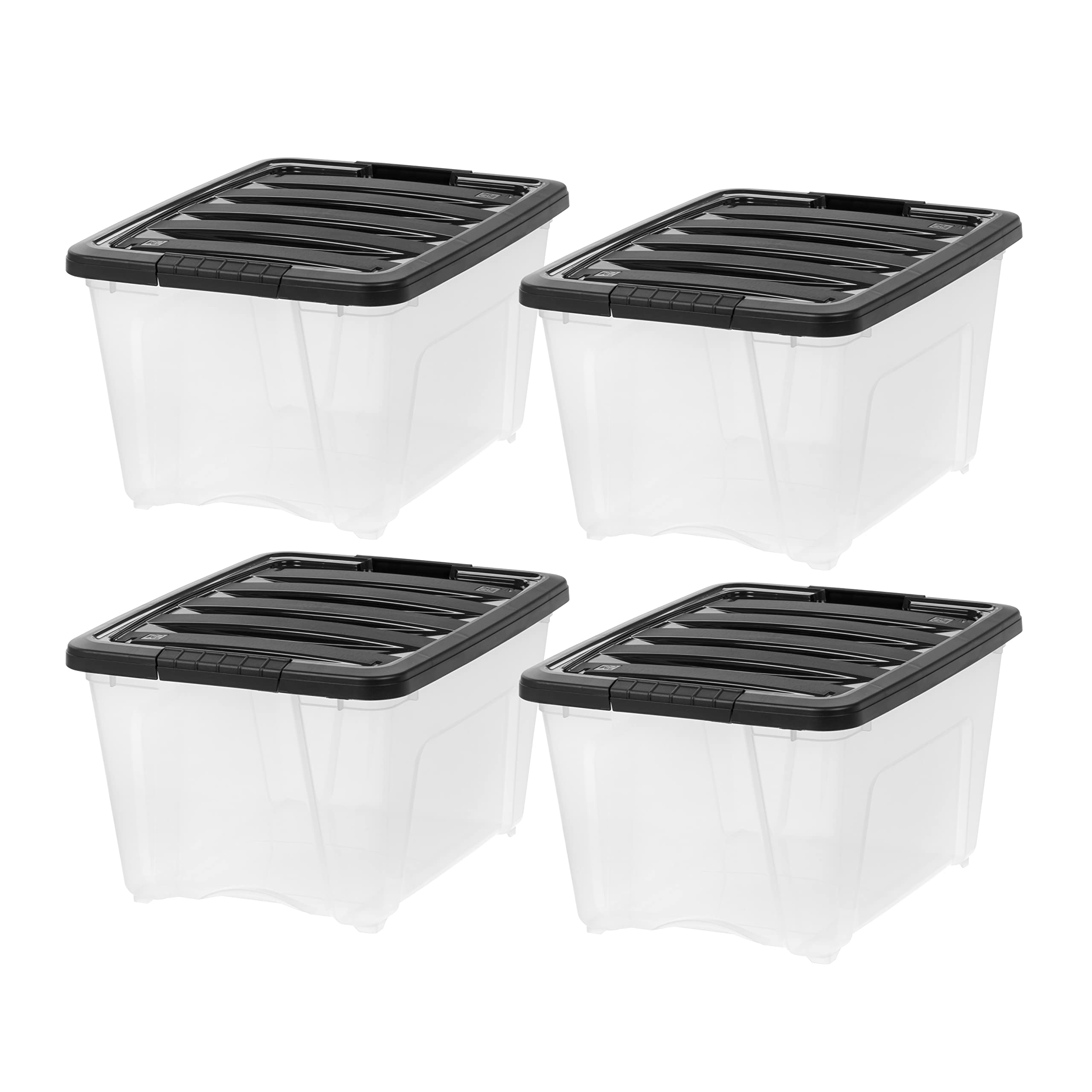 IRIS USA Plastic Bins, Stackable Storage Container with Secure Latching Buckles Lid, 32 Qt, Clear/Black, 4 Count