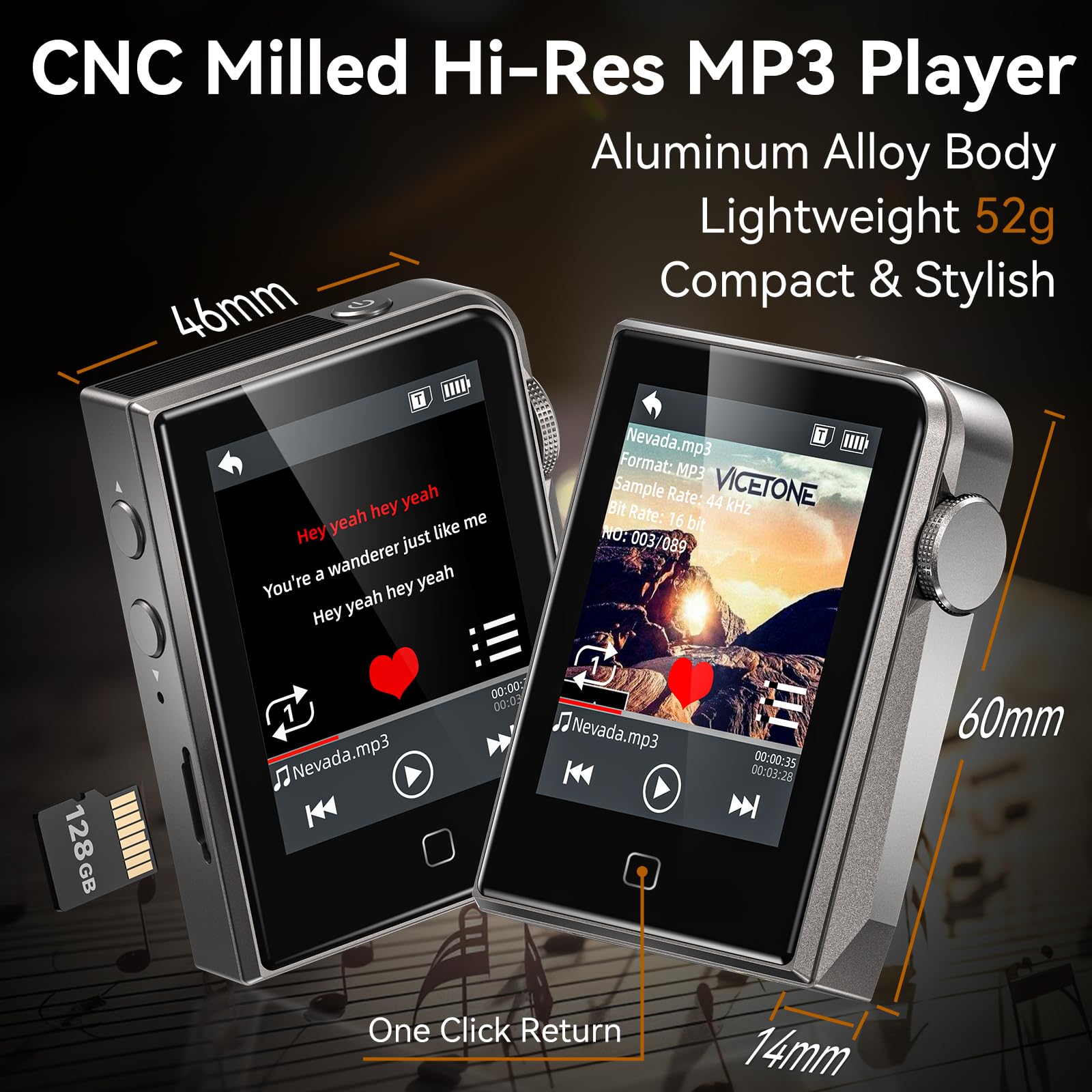 Odtwarzacz MP3 64 GB, HiFi, bezstratny dźwięk, metalowa obudowa, przycisk dotykowy, możliwość rozszerzenia do 128 GB