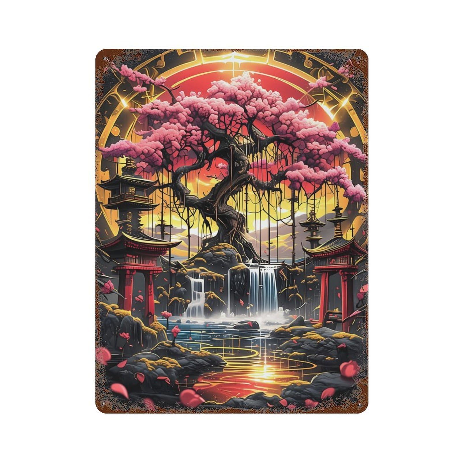 Rust Effect Kintsugi Asian Cherry Tree Weathered Tin Sign 15.7"x11.8", Classic Wall Plaque for Living Room, Hallway And Home Decor