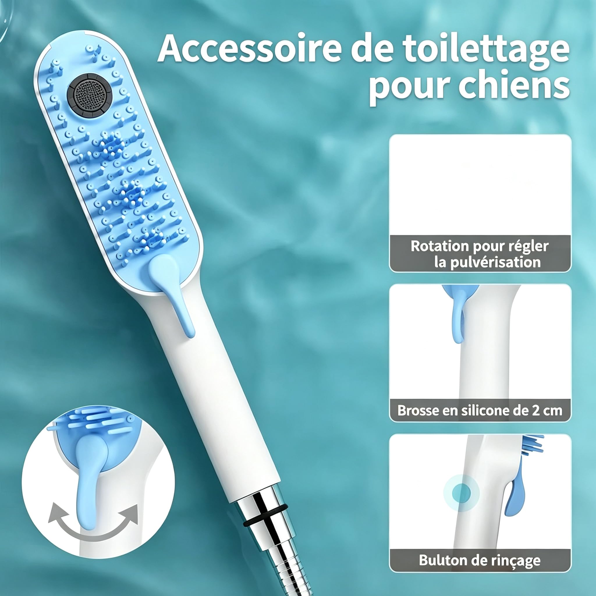 Pack de 3 duchas de aseo para perros y gatos, cepillo de silicona, cabezal de ducha, conexión rápida, flexible, estándar, flujo ajustable, para baño, casa camping playa (negro y blanco)
