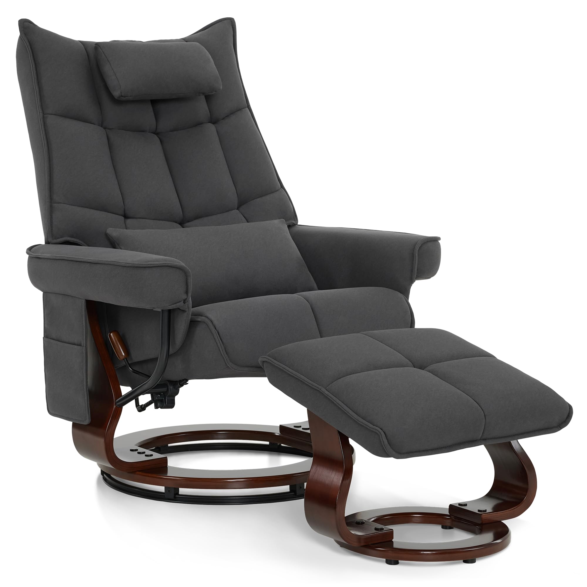 M MCombo Poltrona relax con sgabello, sedia per TV girevole con funzione reclinabile, moderna per soggiorno, con cuscino e tasca laterale, 9076 (grigio scuro)
