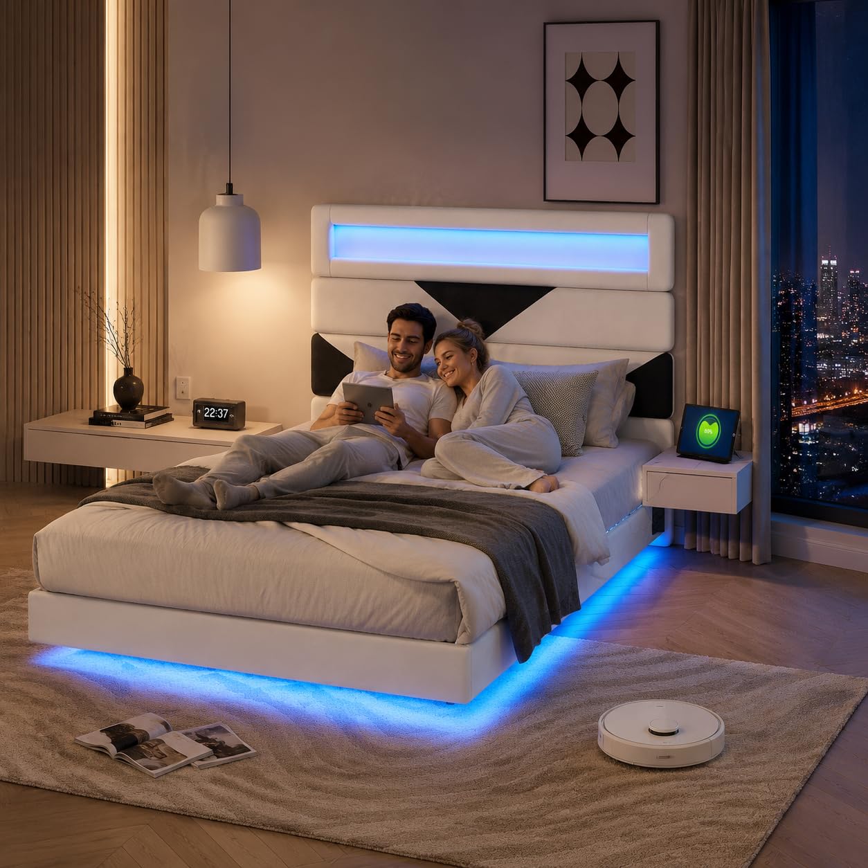 Letto matrimoniale 140 x 190, letto imbottito con illuminazione LED RGB e ricarica USB, telaio letto galleggiante con testiera modulare, con rete a doghe (beige+nero, 140 x 190 cm)