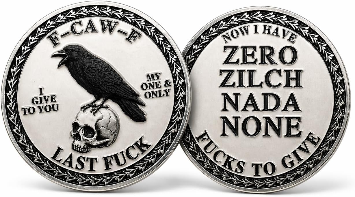 The F-CAW-F Coin, Funny Raven Skull Challenge Coin, Double-Sided Engraved Metal Pocket Token for Those Who Laugh at Life and Give Zero F*CKS!, Gift for Men, Women, Friends, Coworkers, 5PCS