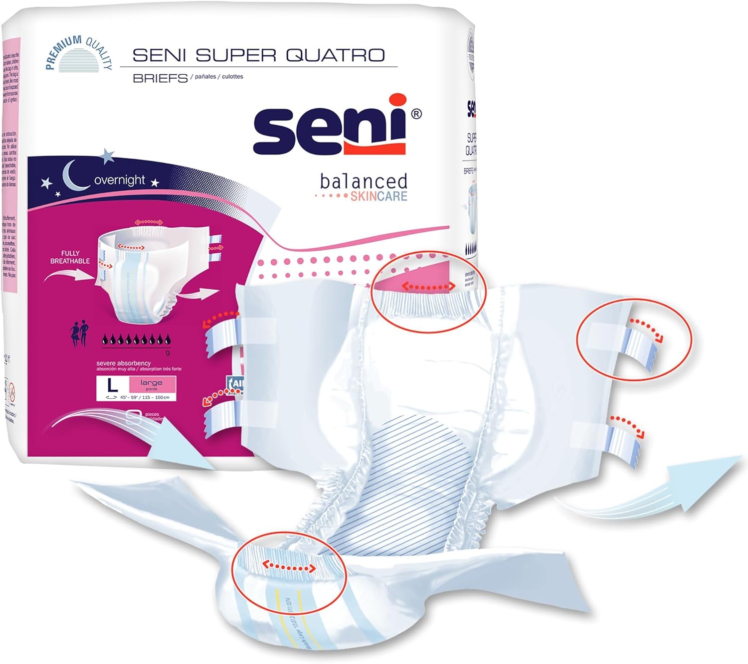 Seni Super Quatro Unisex Adult Incontinence Briefs with Tabs, Size Large (45"-59"), 36 Count (4 Packs of 9), Severe Absorbency, Disposable Overnight Briefs for Men & Women