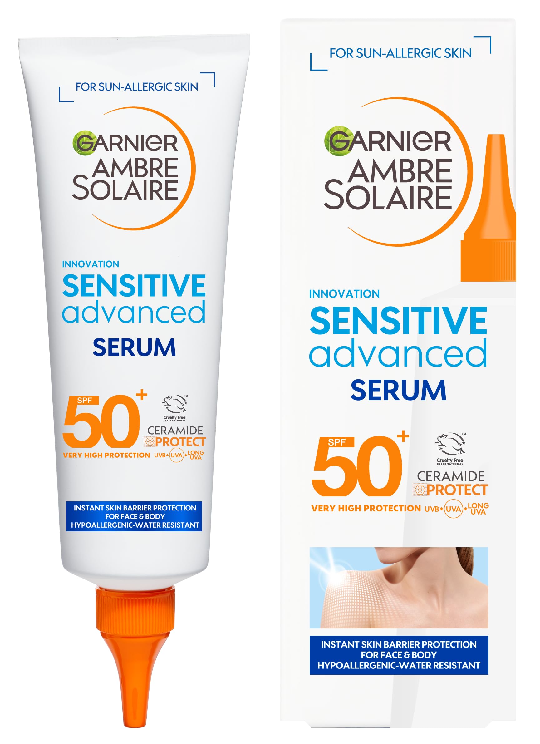 Ambre Solaire SPF 50+ Sun Protection Serum Face & Body, Non-Sticky, Non-Greasy Fluid Texture, No White Cast, Sensitive Advanced, 125 ml