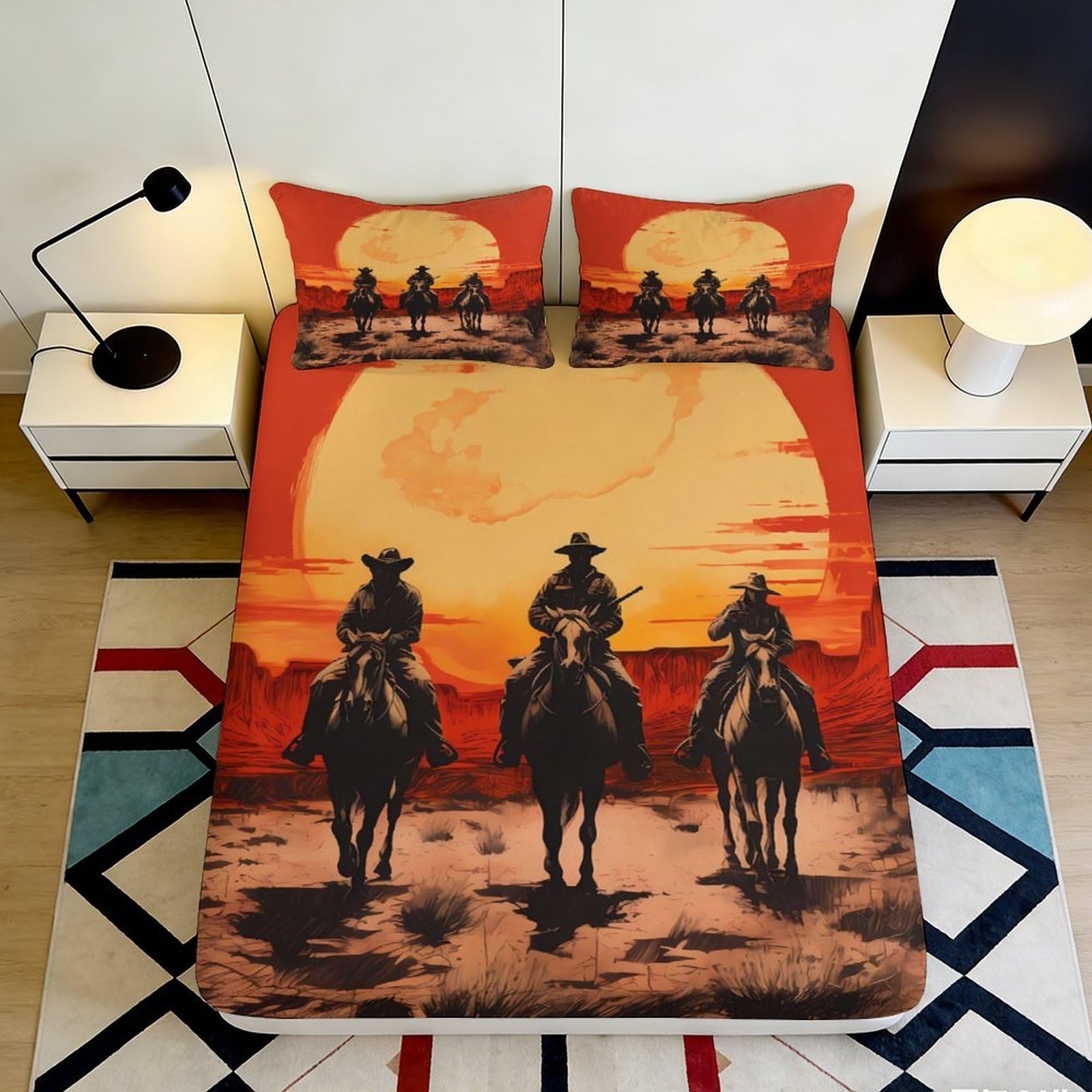 3D Printed Western Sunset Fitted Sheet Microfiber Anti-Slip Cowboy Horse Mattress Cover for Bedroom Dorm Bed Protection Decor 120x200x25cm