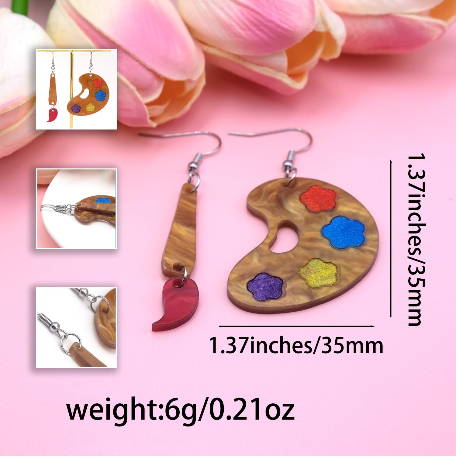 MALOYANVE Artist Paint Brush Earrings for Women Wooden Elegant Art Artist color Palette Dangle Drop Earrings Suitable For Artist Holiday Party Gifts
