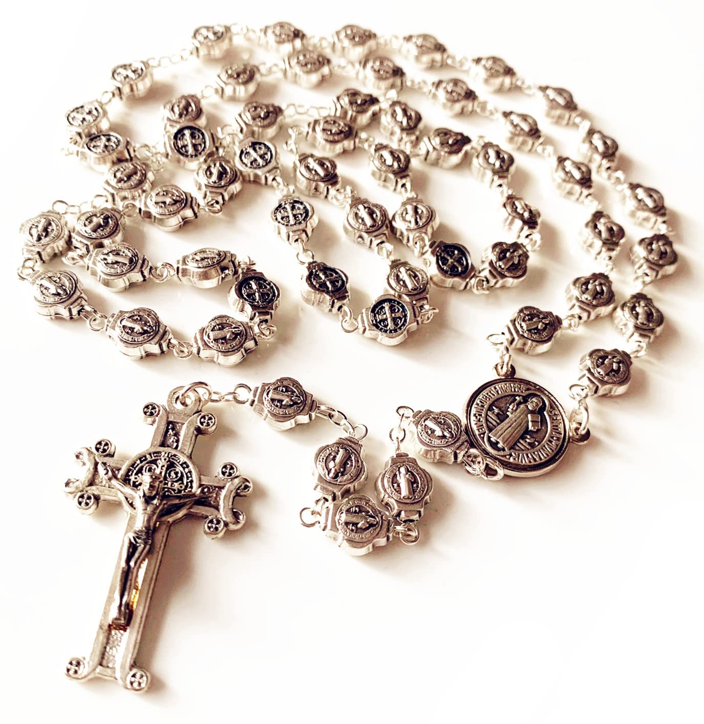 elegantmedical HANDMADE Saint St.Benedict Rosary Crucifix Cross Silver Plated beads Catholic necklace gift box