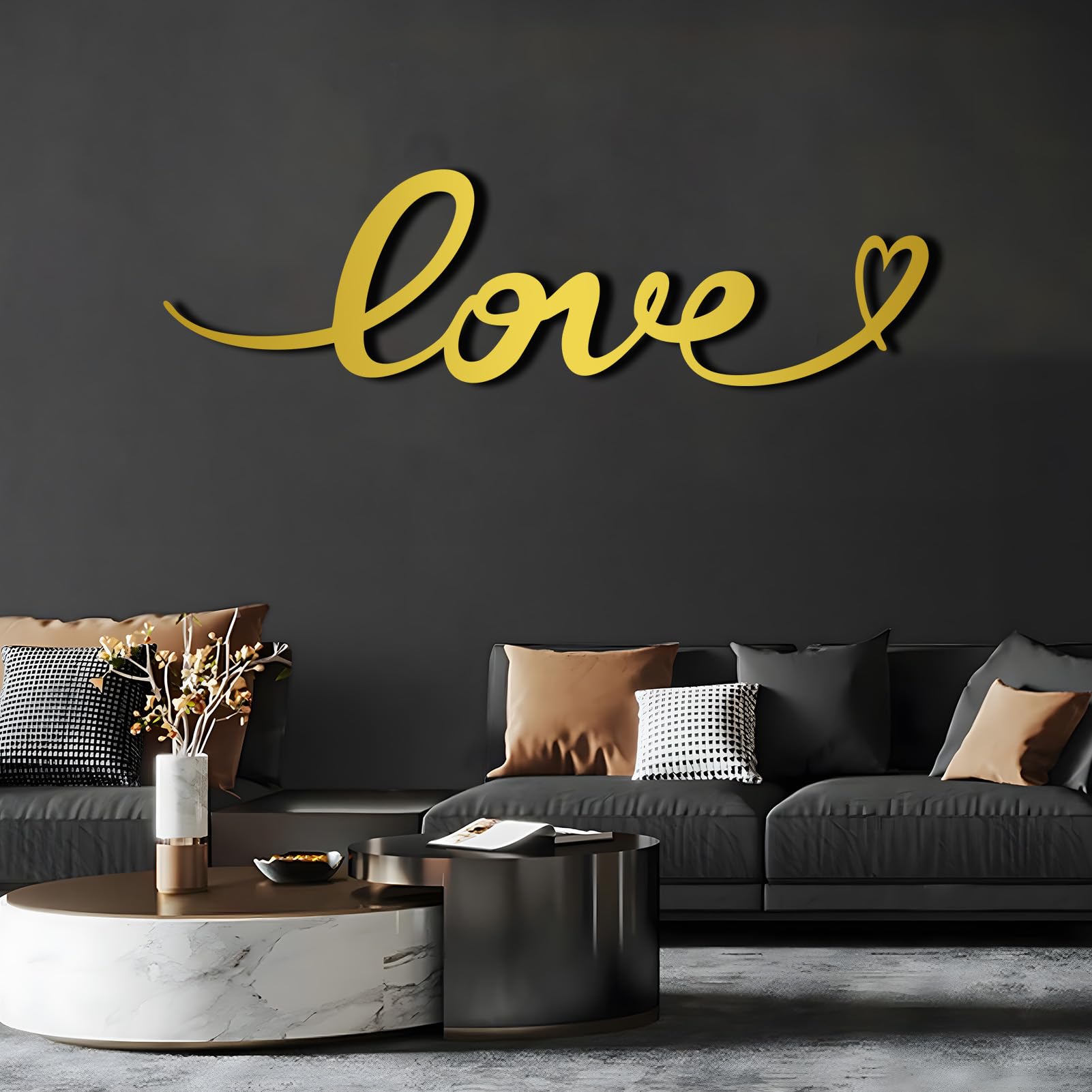 Schwarzes Metall-Herz-Wandbild, Metall-Monogramm-Hochzeitswandbild, Moderne Liebeskunst-Dekoration für Wohnzimmer, Schlafzimmer, Flur, Heimdekoration (Schwarz, 150 x 43 cm)