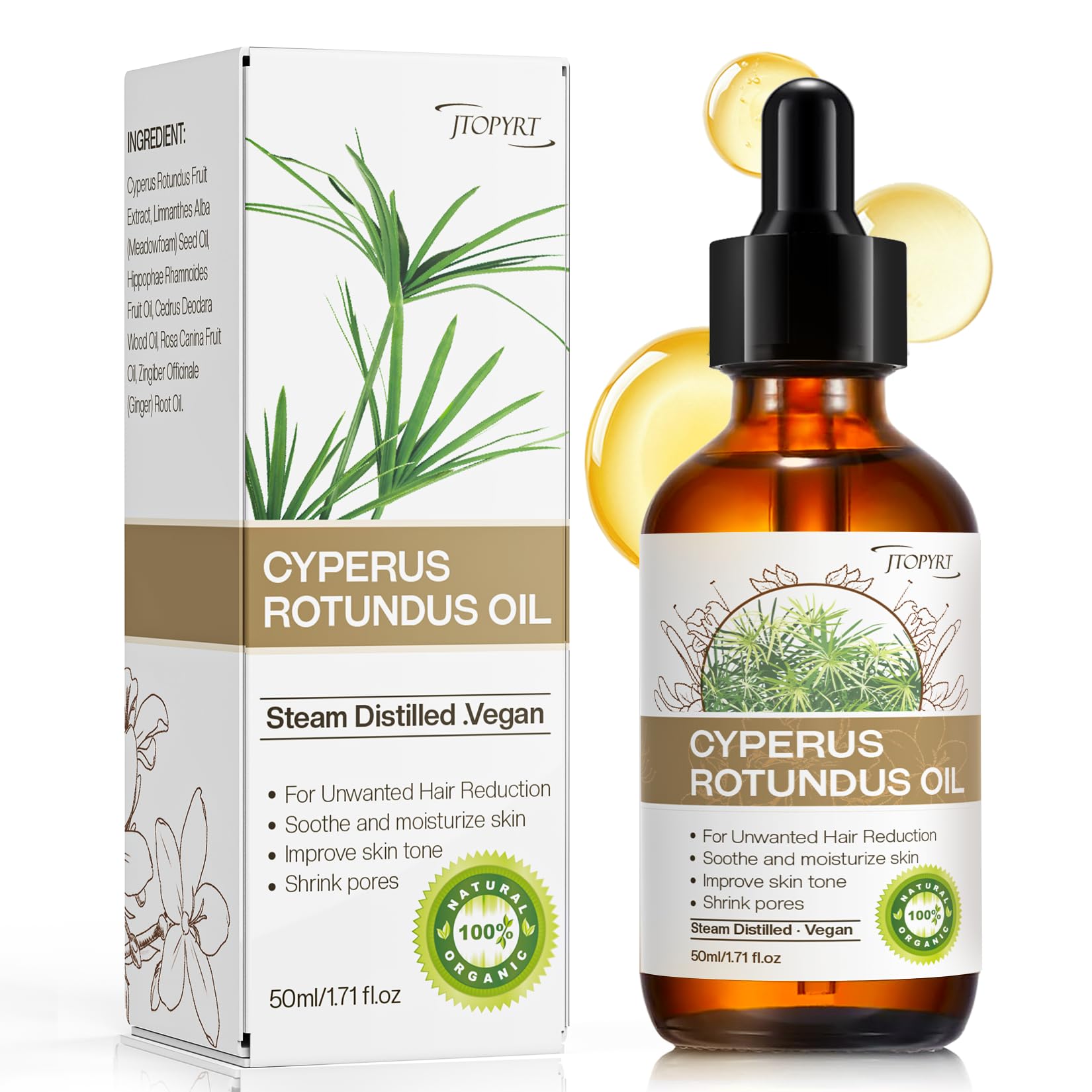 Cyperus Rotundus Oil for Hair Removal: Reduces Unwanted Hair Growth, Slows Regrowth, Soothes Skin & Shrinks Pores Suitable for All Skin Types (1.71 Fl Oz)