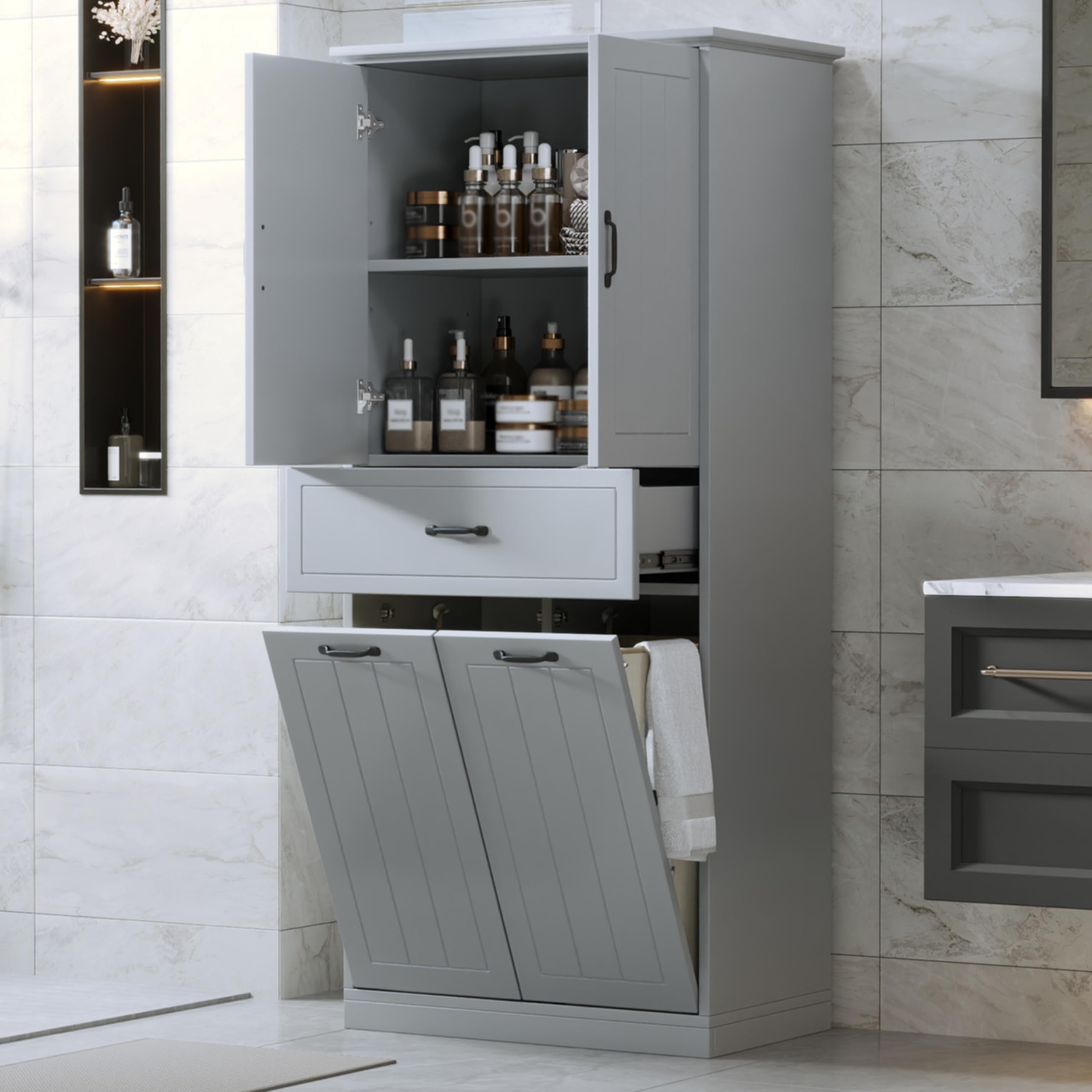 Guxeei Tall Storage Cabinet, Bathroom Floor Freestanding Storage Cabinet with Doors, One Drawer, Adjustable Shelf, Drawers, and Two Tilt-Out Laundry