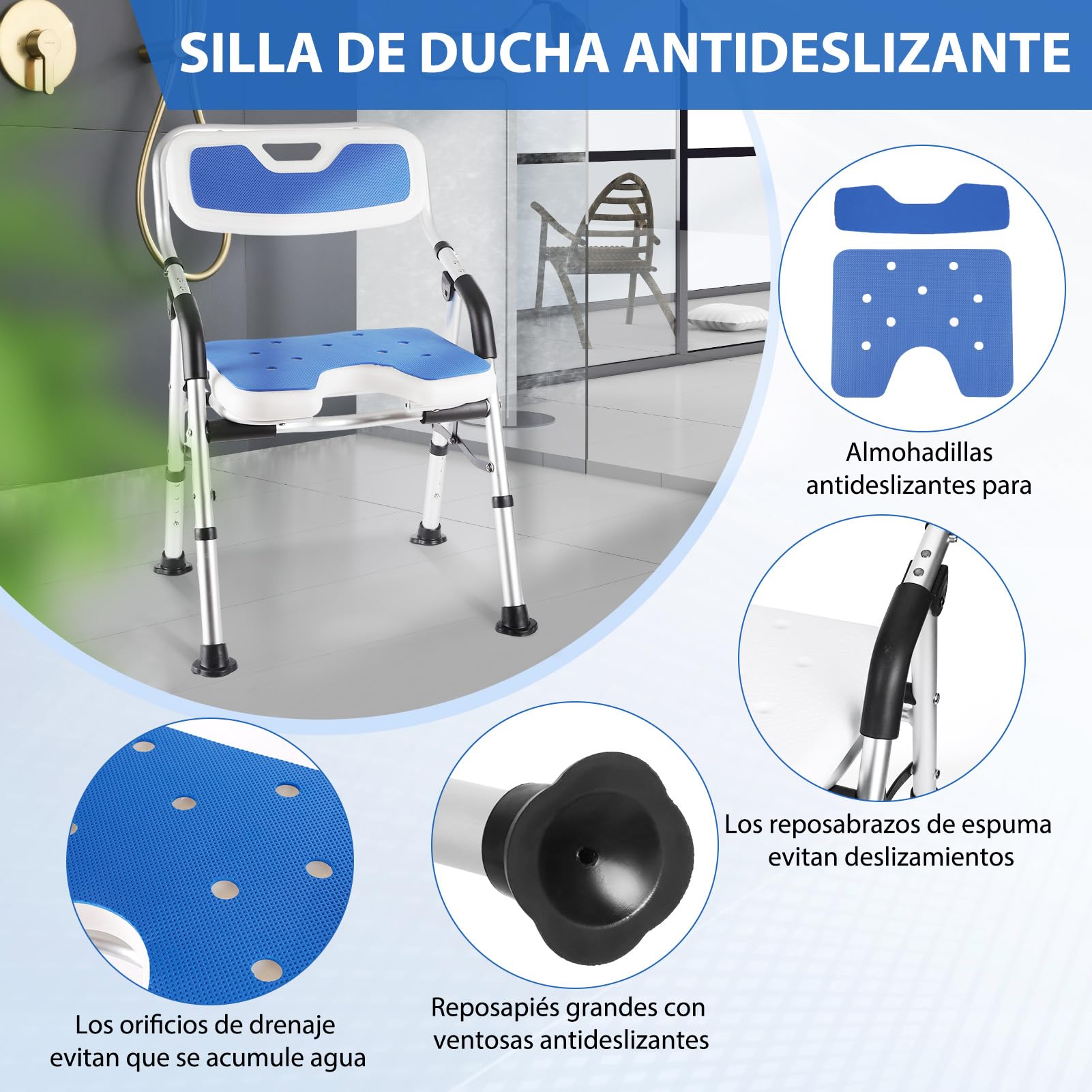 DEWEL Silla Ducha Personas Mayores Plegable, Silla para Ducha(Azul) | Altura Regulable, Asiento de Ducha Antideslizante con Soporte para Ducha de Ducha, Capacidad de Carga de 150 Kg