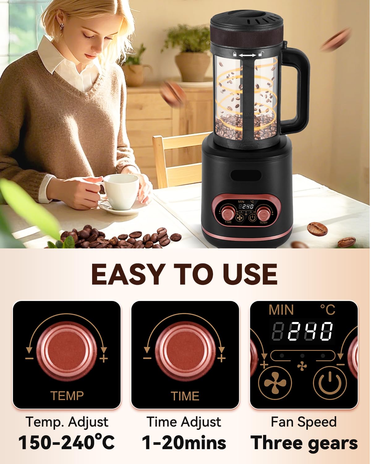 YUCHENGTECH Torréfacteur de café 100g Torréfacteur Café à Air Chaud 2000W Torréfacteur de Grain de Café Température et Durée Réglables avec Fonction de Refroidissement