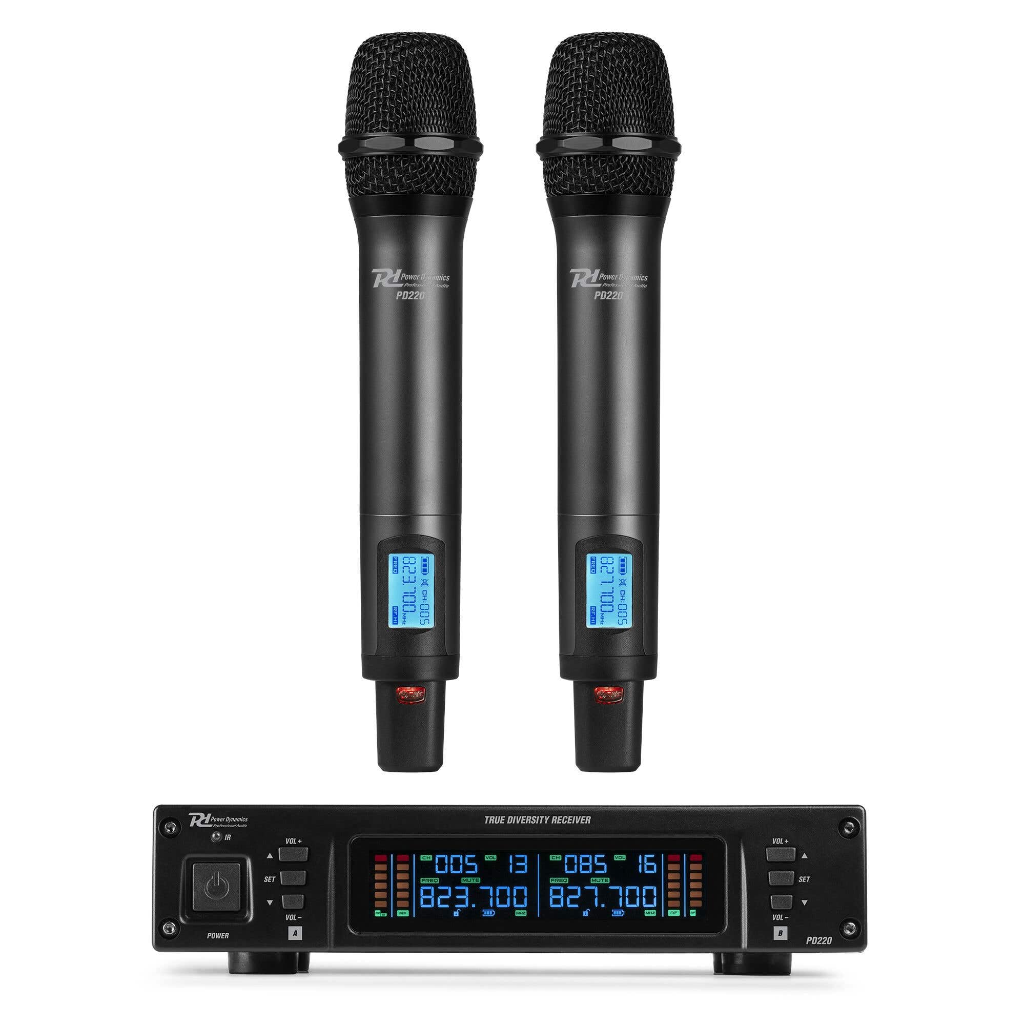 Power Dynamics PD22 Sistema inalámbrico UHF con 2 micrófonos | True Diversity, 2 micrófonos, 80 canales por unidad, incluye maletín de transporte