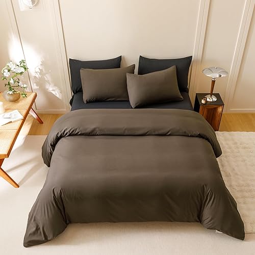 Miniatura 5 de CLOTHKNOW Juego de edredón de 3 piezas, color marrón castaño, tamaño King, color café moca, con 2 fundas de almohada, color marrón oscuro