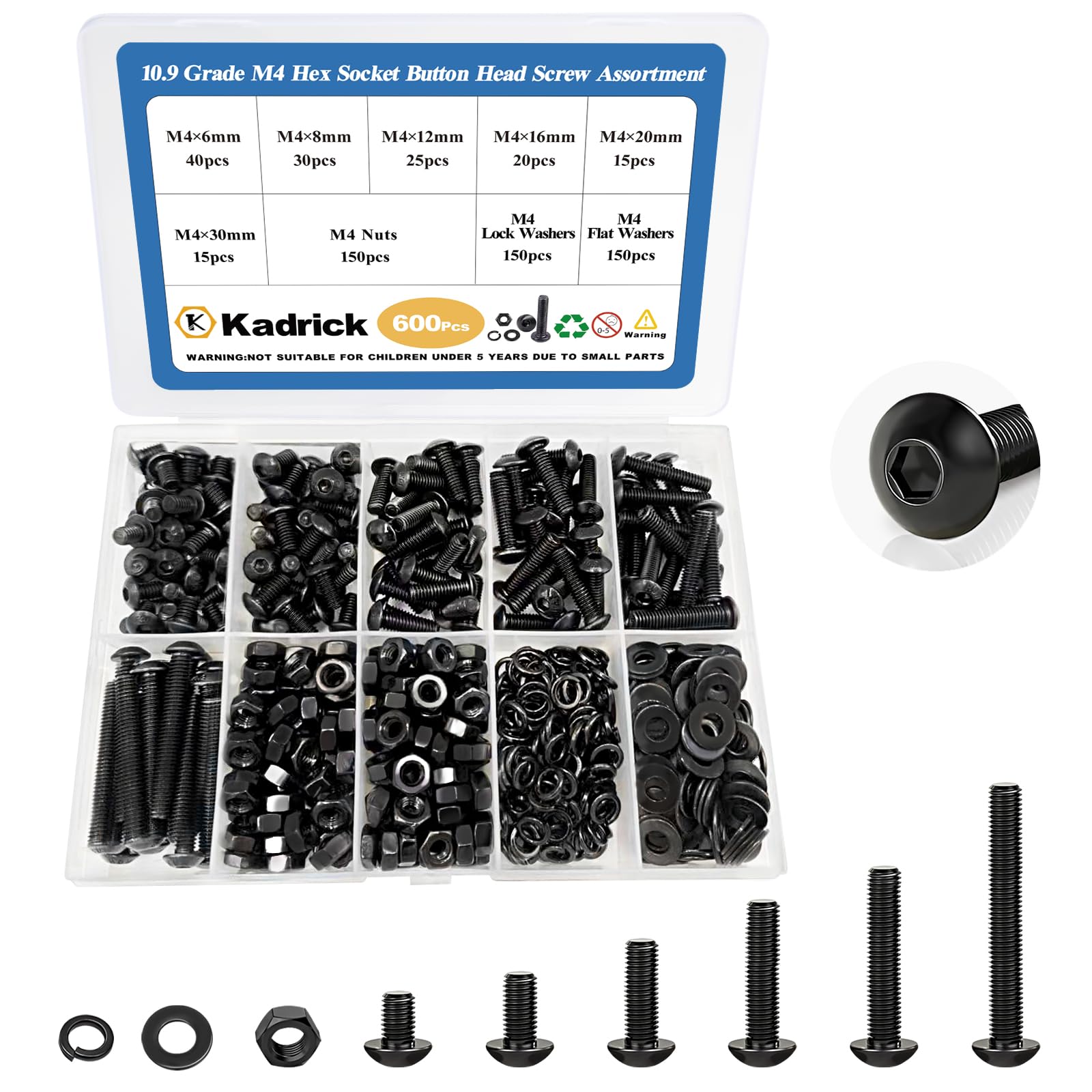 Kadrick 600Pcs M4 Screw Assortment,Machine Screws with Nuts Washers, Grade 10.9 Alloy Steel Hex Socket Button Head Black M4 Bolts Kit,Lenth Form 6mm-30mm