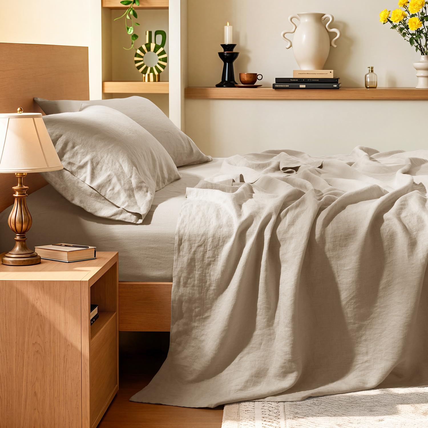 AiAngu 100% Queen Pure Linen Sheets Set, French Linen Flax Bed Sheets 4 Pcs