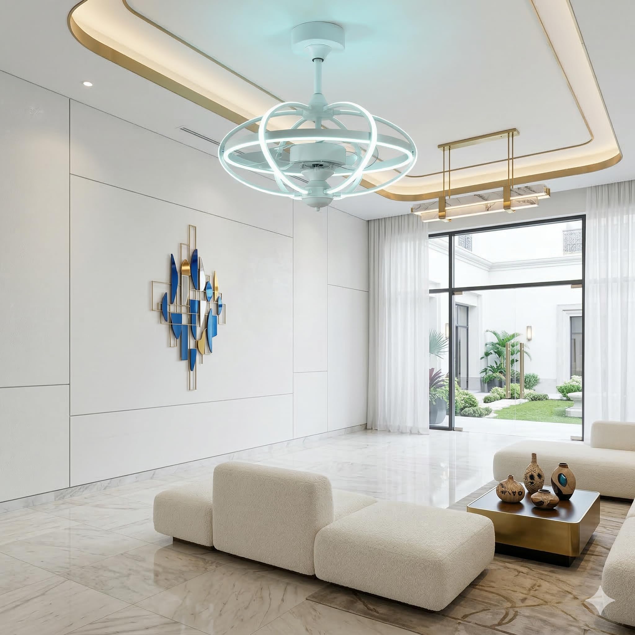 Bastilipo Miami-Ventilatore da soffitto con Luce Telecomando-3 Colori LED-Gamma Luxury, Metallo, Bianco, Diametro Total 63 cm