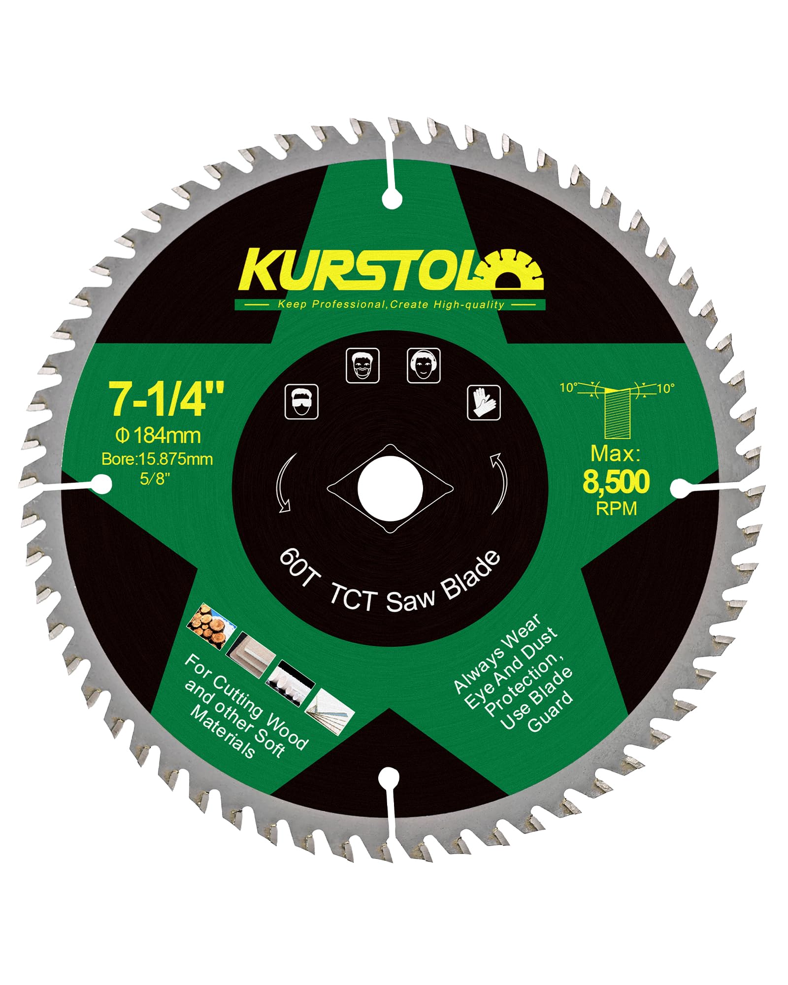 KURSTOL Wood Circular Saw Blade - 184 x 15.875mm 60 Tooth TCT Cutting Blade for Wood, Plastic, Plywood, Particle Boards, Multilayer Boards