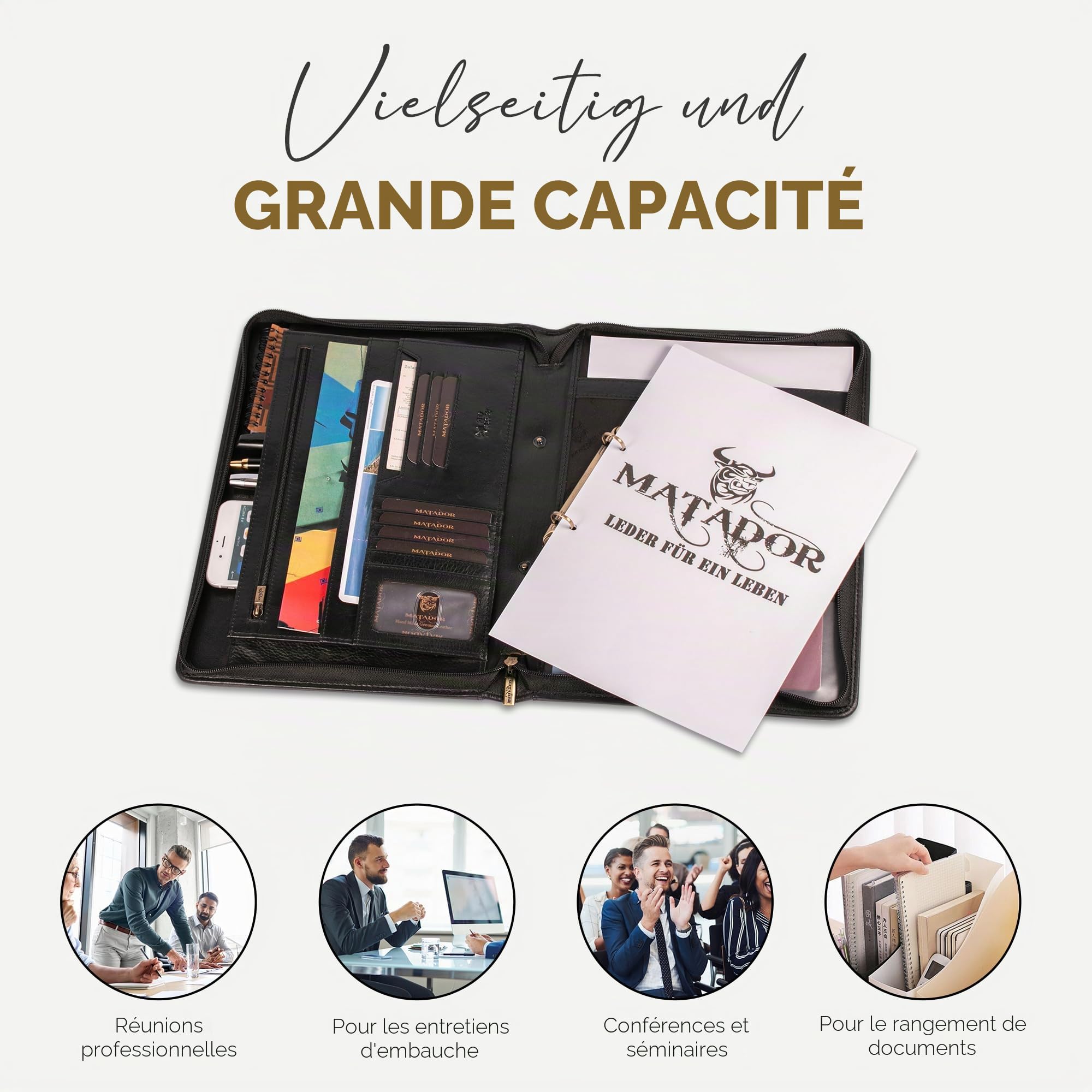Matador Porte-documents cuir véritable A4 noir avec fermeture éclair poche tablette classeur à anneaux protection RFID