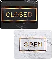 Vista 7 de Stockroom Plus Letrero abierto y cerrado – Acabado de mármol dorado – Letrero colgante reversible – Exhibición de horario comercial – Paquete de 2