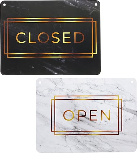 Miniatura 7 de Stockroom Plus Letrero abierto y cerrado Acabado de mármol dorado Letrero colgante reversible Exhibición de horario comercial Paquete de 2, 8.5
