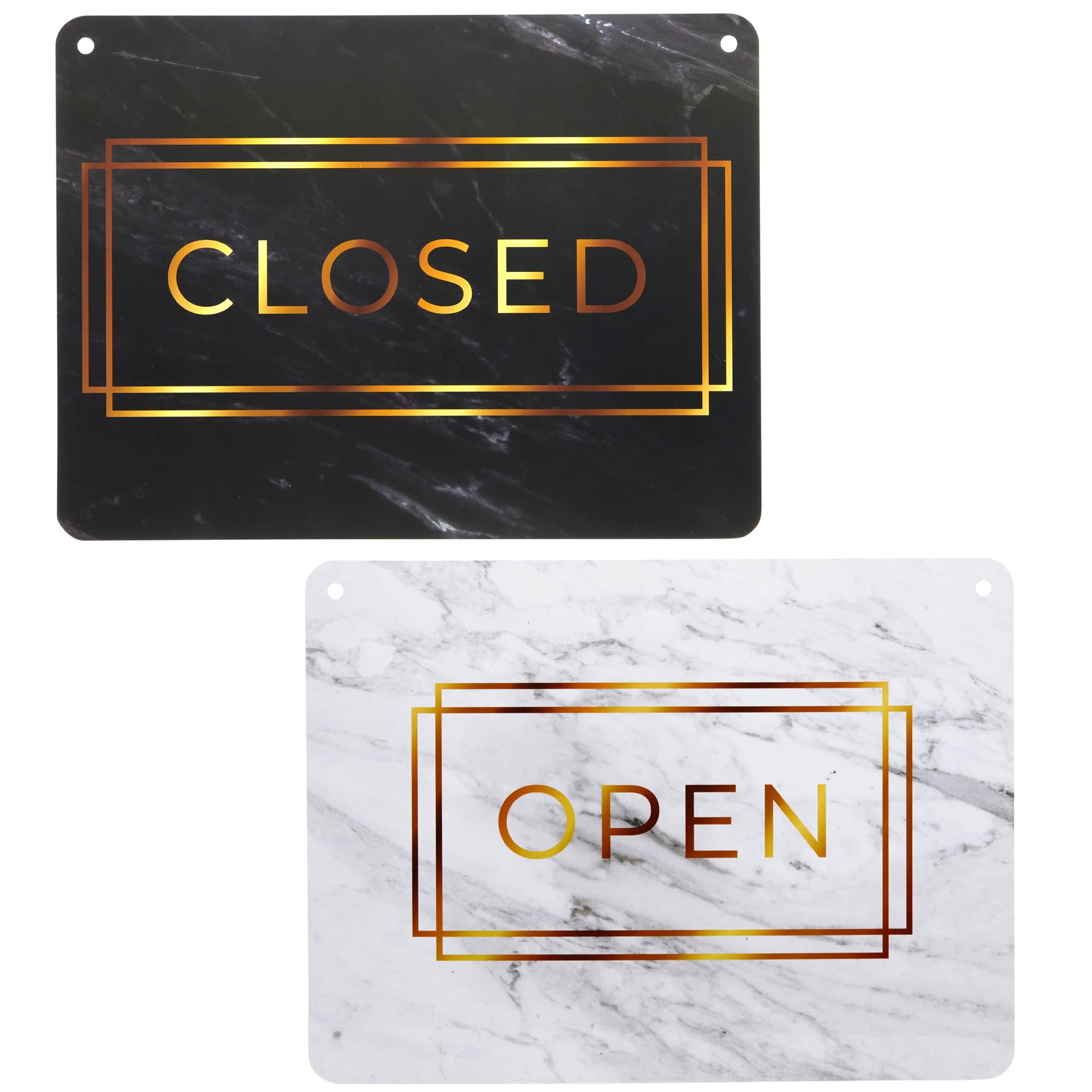 Paquete de 2 letreros abiertos de doble cara para puerta de negocios, diseño de mármol dorado, letreros colgantes reversibles para ventana (11.5 x 8.5 pulgadas)