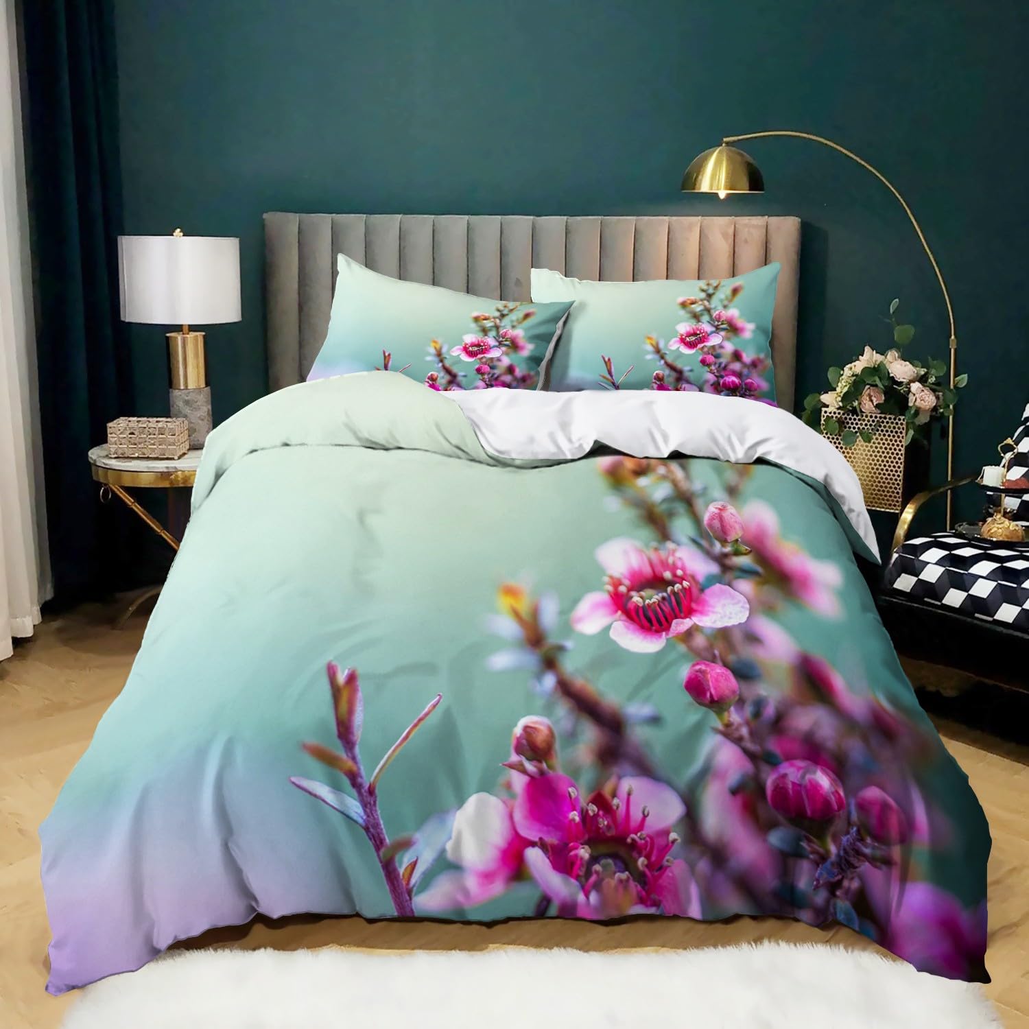 BanbE zestaw pościeli na łóżko super king-size, kolor różowy, kwiat śliwki, zestaw 3 szt., 220 x 260 cm, mikrofibra, hipoalergiczna poszewka na kołdrę, zestaw pościeli z poszewkami na poduszki, dla
