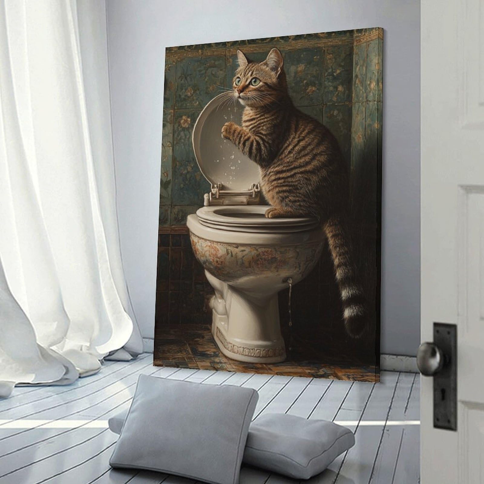 Junmoney Curious Cat on Toilet Wall Picture Print 24x36inch(60x90cm), for Lounge Decor, Offices Or Entryway Styling, Versatile Wall Decor for Many Rooms
