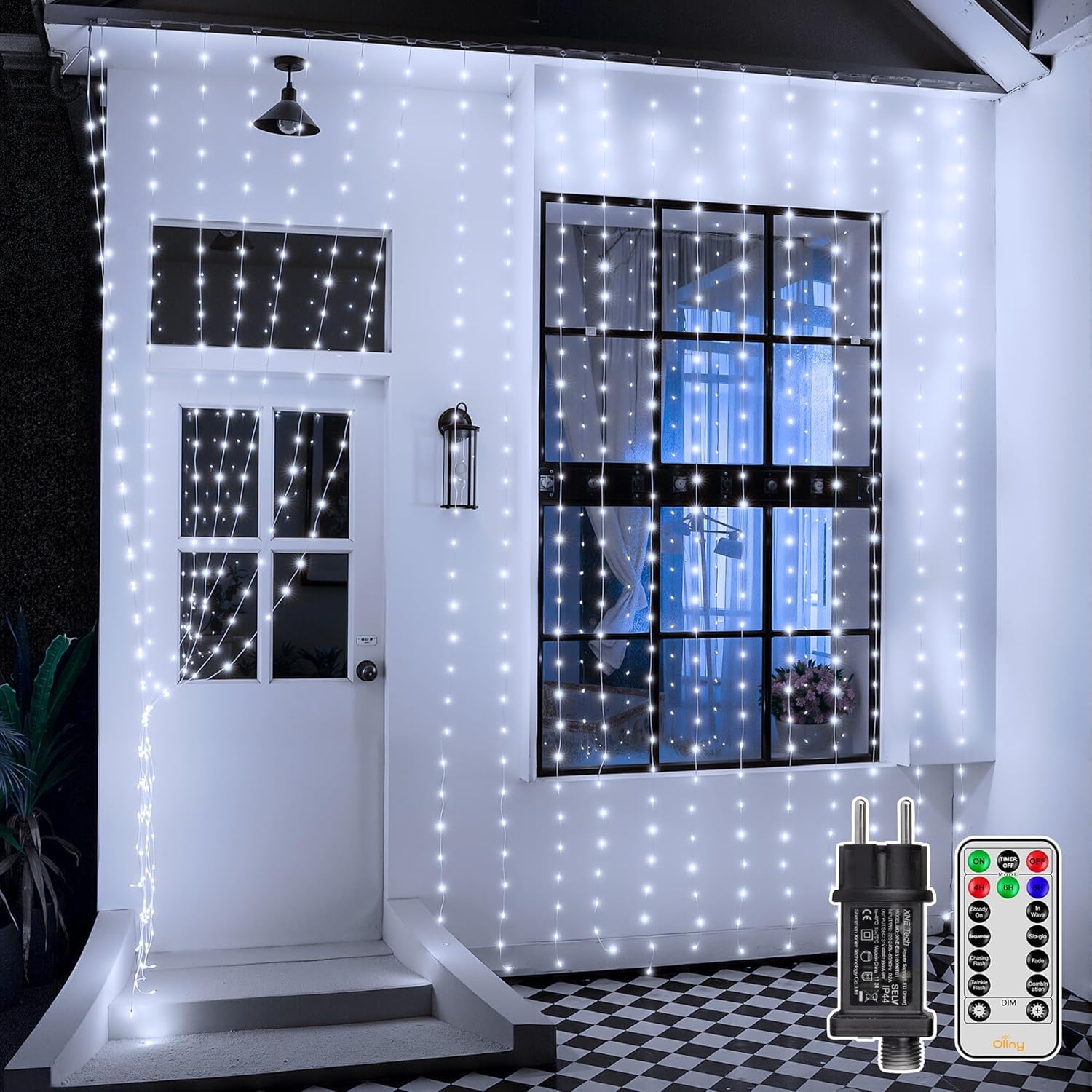 Ollny LED Lichtervorhang 2x2m/3x3m, LED Lichtervorhang Innen Strom 8 Modi mit Timer & Dimmbar, Lichterkette Vorhang Fenster, IP44 für Außen Ramadan Deko Hochzeit Party Wand Balkon