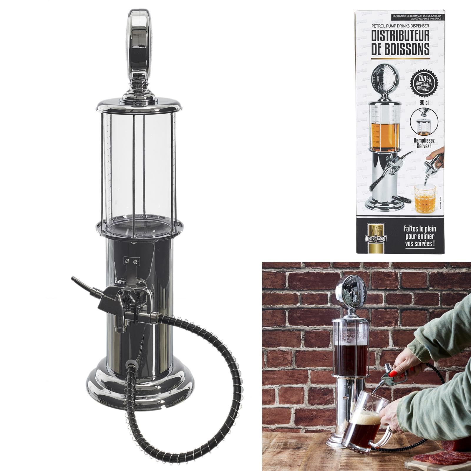 MISTER GADGet - KV7333 Distributeur de Boisson Vintage - Pompe À Essence 90cl - Conçu Pour Cocktails, Bières et Jus - Art de La Table - Inox - Idée Cadeau