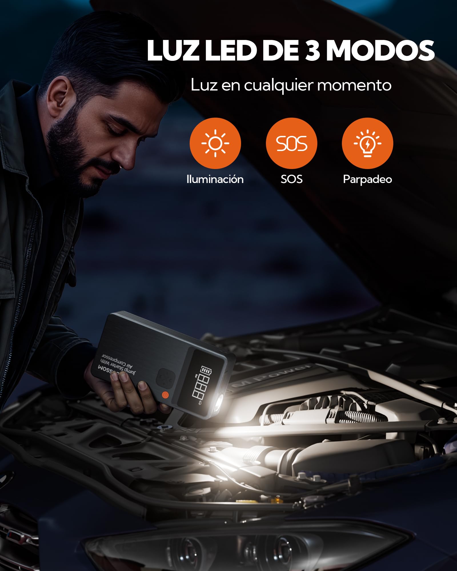 Arrancador de Baterías de Coche,Booster para Coche con Compresor de Aire Portátil 7en1,Arranque de Batería con Inflador para vehículo de 12000 mAh,Kit de Emergencia del Conductor con Linterna LED