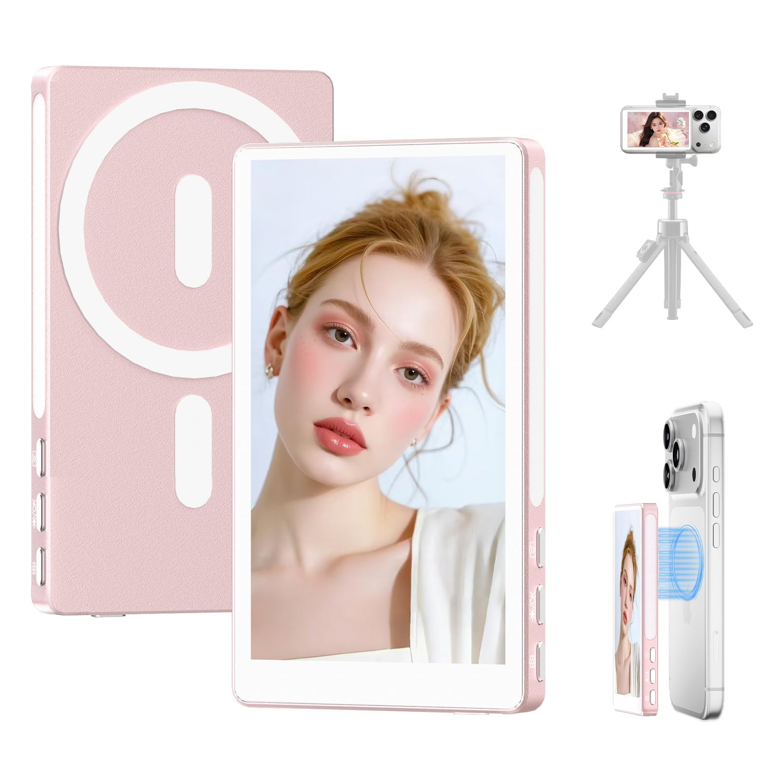 4" Selfie Monitor Screen iphone 17, Wireless Screen Mirroring, Back Camera Monitor iphone, Magnetic Selfie Screen with CNC Metal 100ft Remote for Vlog YouTube TikTok,Snaplylens for iphone,Android,Pink