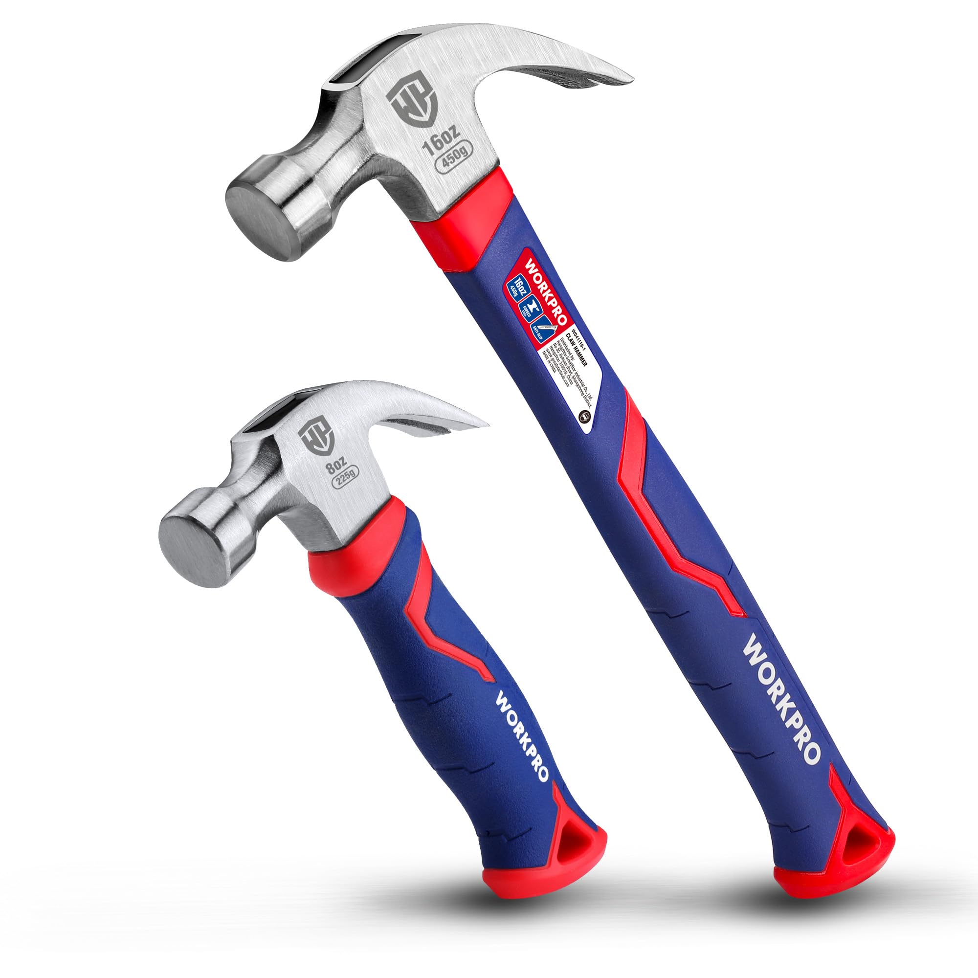 WORKPRO Martillo de Carpintero 2 Piezas, Martillo de Uñas 720 g y 340 g, Martillo de Garra con Mango Ergonómico Antideslizante, para Carpintería, Bricolaje y Reparaciones de Madera