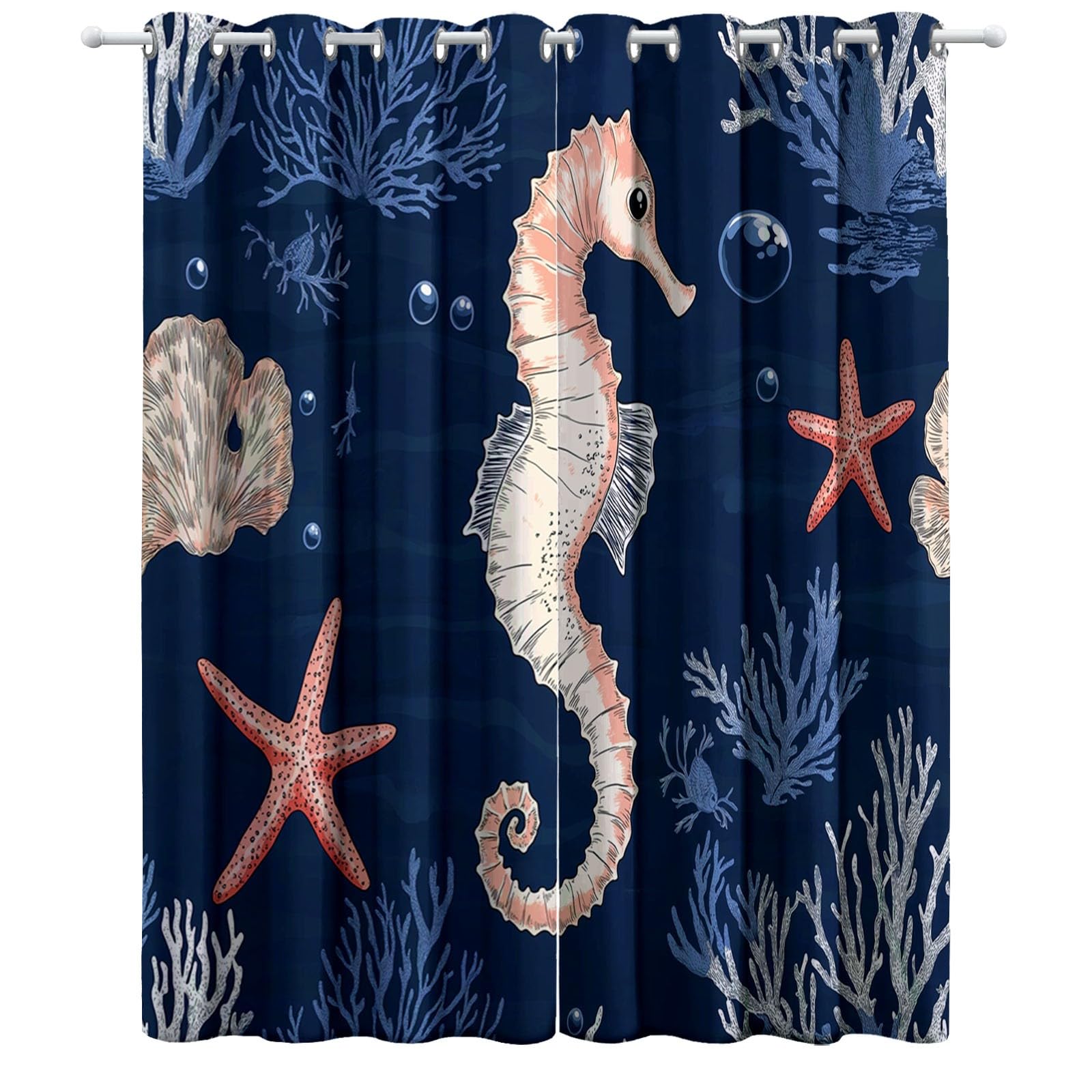 Tende Oscuranti A Tema Marino – 2 Pannelli, 107x114 Cm, Con Stella Marina, Conchiglie E Corallo, Stile Vintage