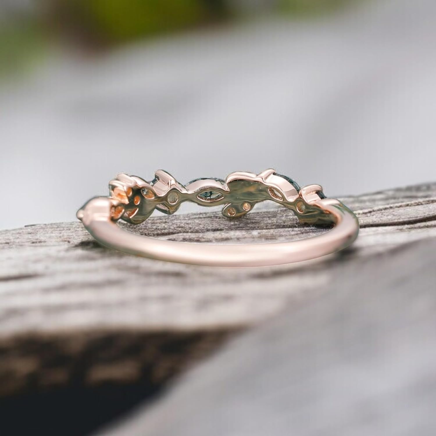 Moss Agate wedding Stacking Band 14K Rose Gold Plated Half Eternity Tiny Dainty Ring Natural Gemstone Ring Delicate Moss Agate Promise Ring For Her