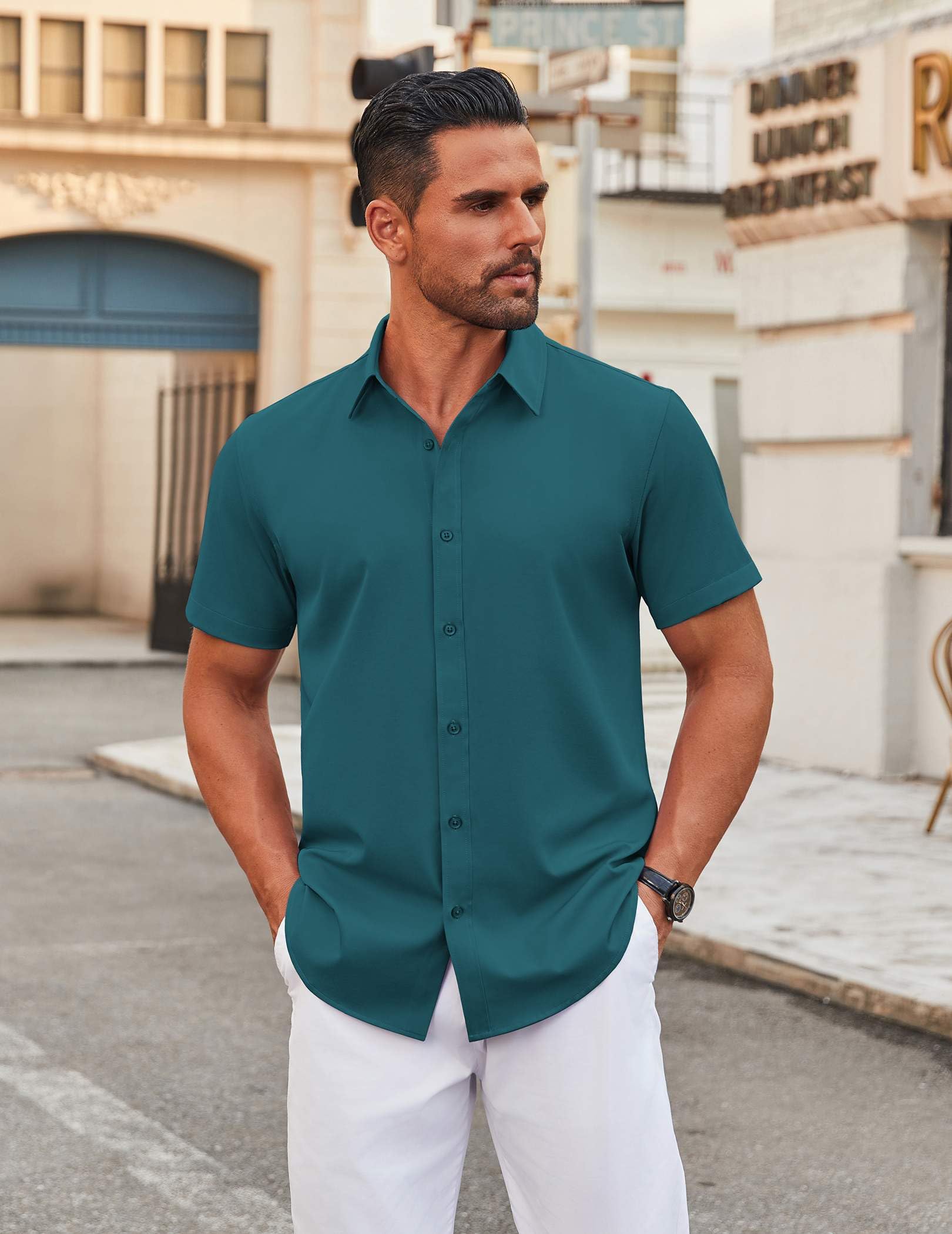 COOFANDY Men's Stretch Dress Shirts Short Sleeve Wrinkle Free Casual Button Down Shirts: Black 5X-Large