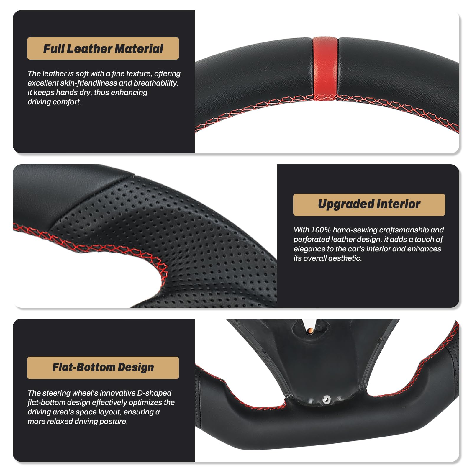 Vollleder - Lenkrad Perforiertes Leder Griff D-förmige flache Unterseite Lenkrad für BMW M Sport 1/3 Series M3/E88 E90 E91 E92 E93 2005-2012(mit scharfen Paddellöchern)