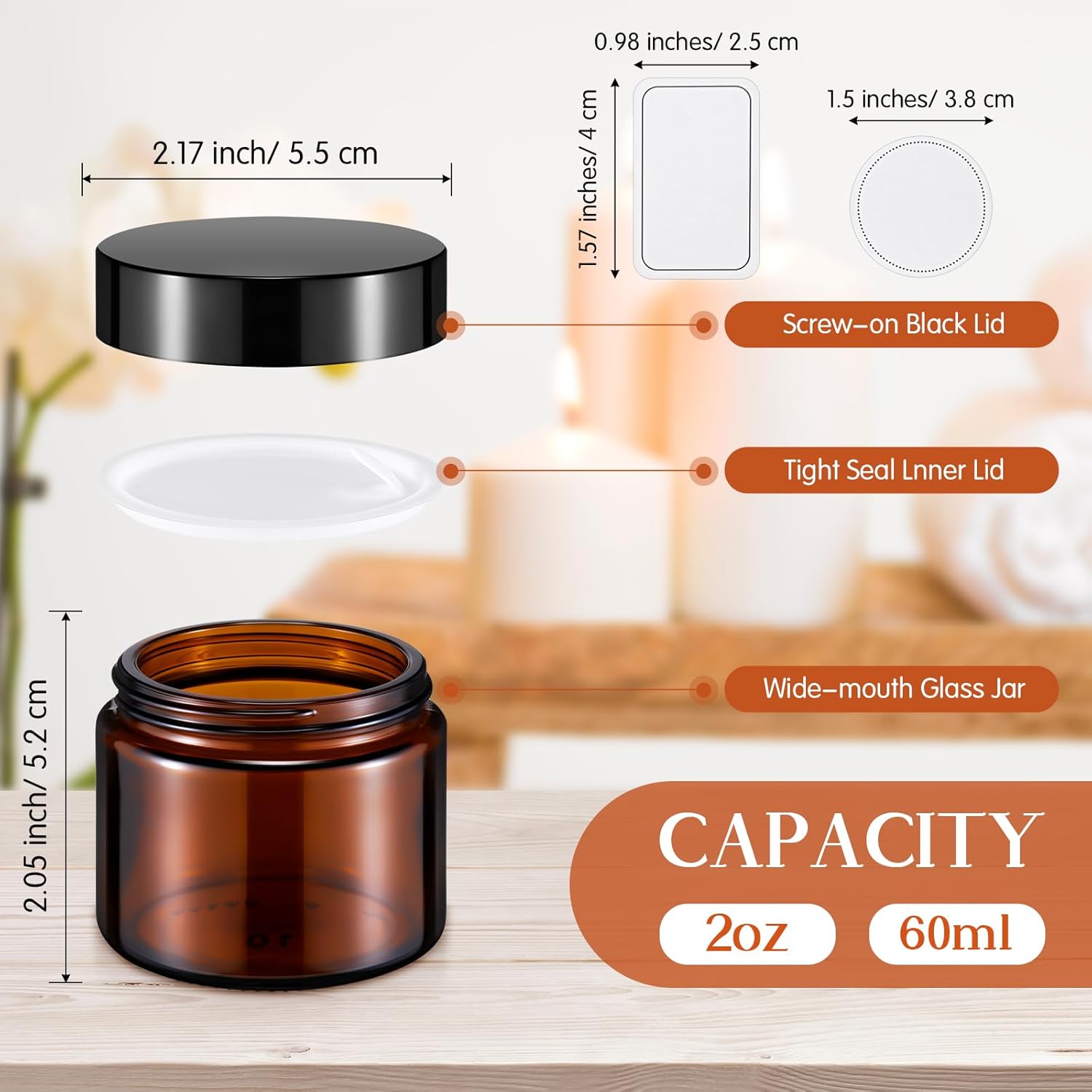 Layhit 60 Pcs 2 oz Glass Jars with Lids Bulk, Small Jars Containers Travel Storage Jar with Inner Liners Labels for Candle Scrubs, Lotions, Cream, Lip Balm (Classic 2 Colors)