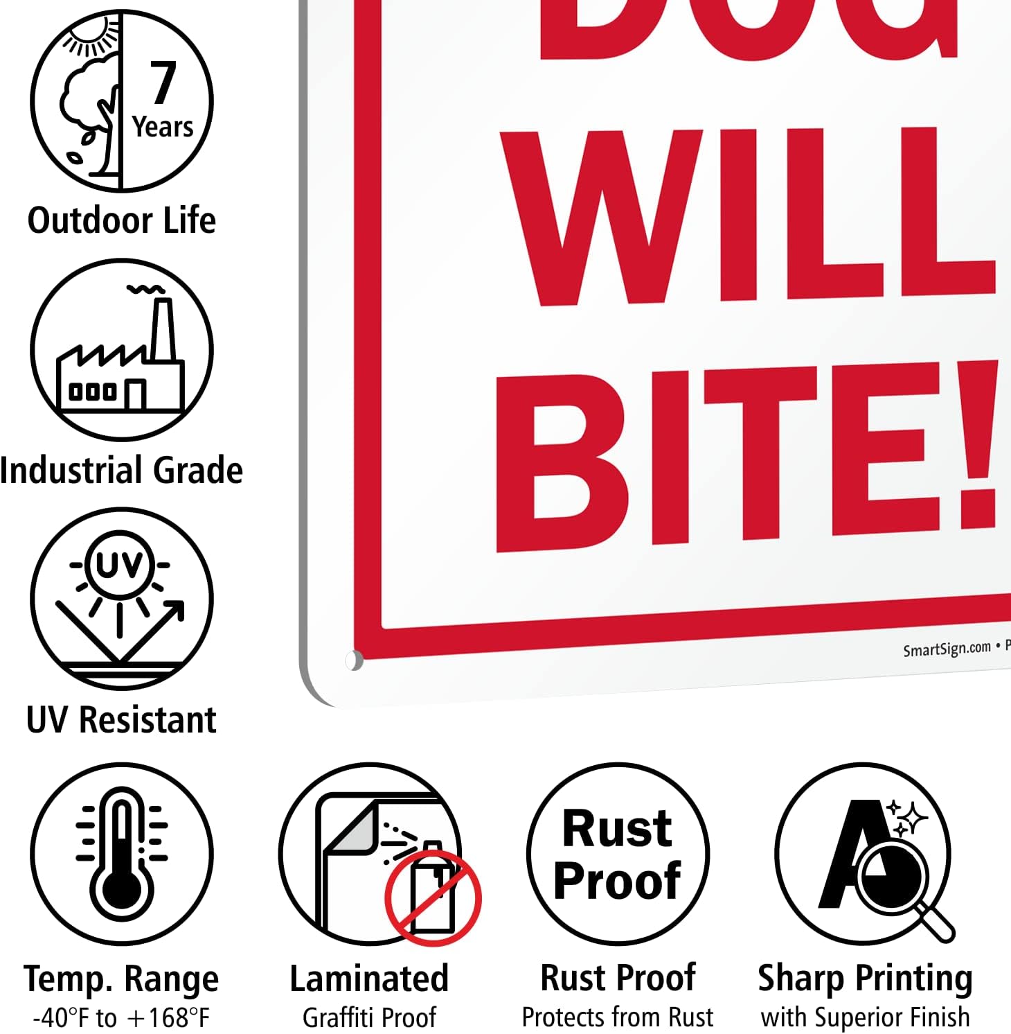 SmartSign 14 x 10 inch “Beware Of Dog - Dog Will Bite” Sign with Pre-Cleared Holes, Digitally Printed, 55 mil HDPE Plastic, Red and White, Made in USA
