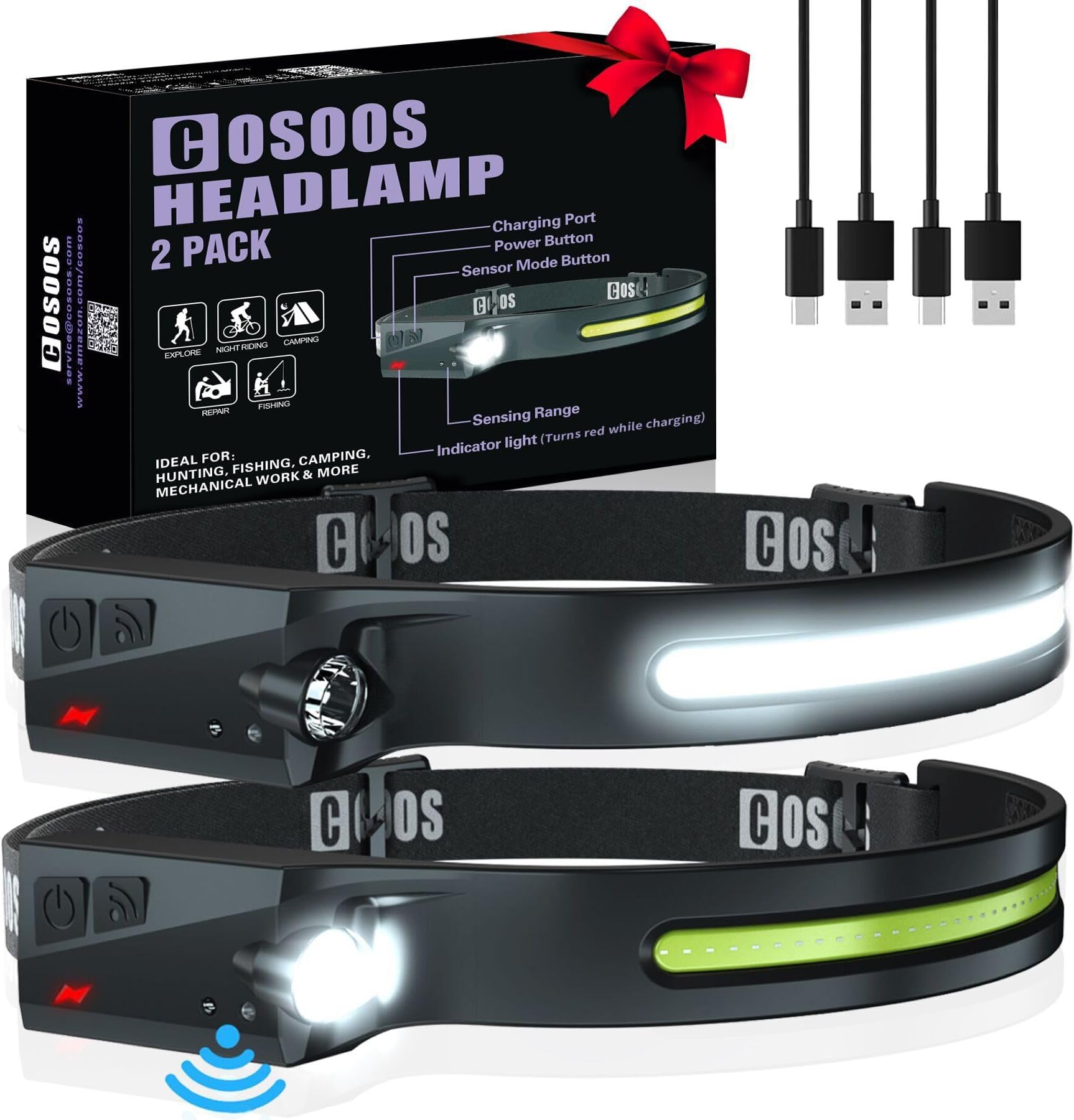 COSOOS 2 LED Headlamp Rechargeable Flashlight, Bright Headlight, Adjustable Headband for Kids & Adults, 1000Lumen Wide Beam & Spot Light, Motion Sensor, 2.4oz Lightweight, Hiking & Camping Gear