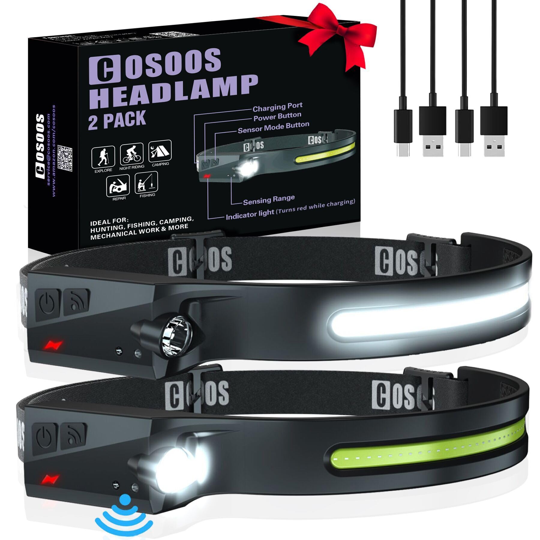 COSOOS 2 LED Headlamp Rechargeable Flashlight, Bright Headlight, Adjustable Headband for Kids & Adults, 1000Lumen Wide Beam & Spot Light, Motion Sensor, 2.4oz Lightweight, Hiking & Camping Gear