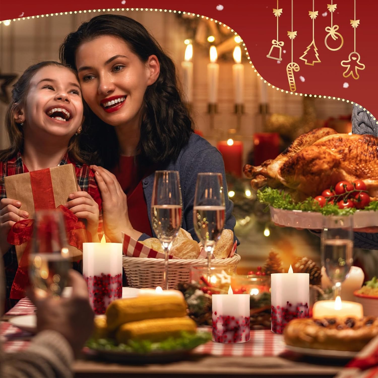 Baquler 3 Pcs Christmas Flameless LED Candles Rowan Berries Embedded Real Wax Unscented Flicker Wick Pillar Candle Battery Operated Warm Light for Home Party Xmas Gift Decoration