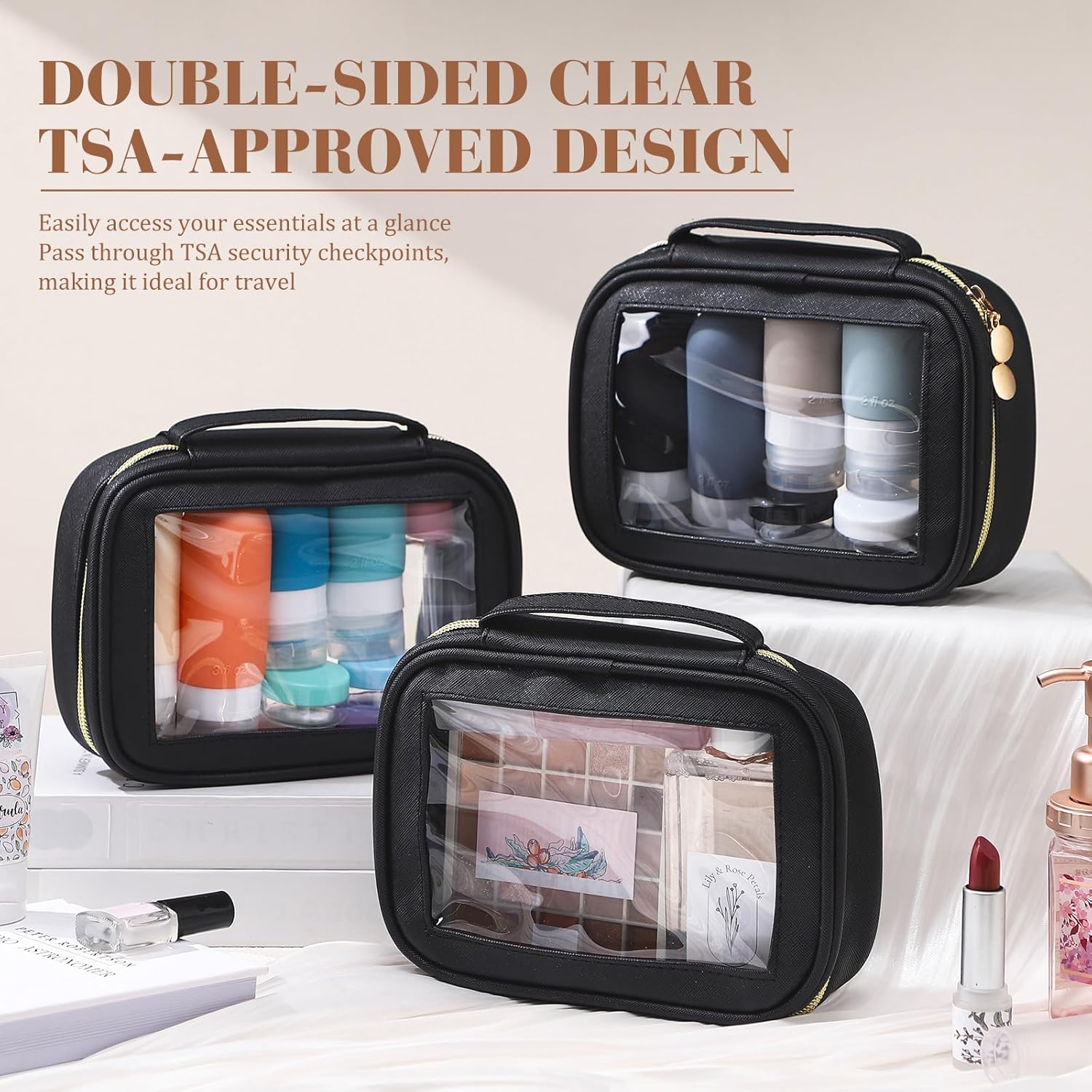 Kigeli 4 Pcs Clear Makeup Bags for Car Essential, Waterproof Clear Travel Toiletry Organizer Leather Makeup Bags with Handle Zipper, Small Cosmetic Pouch Set for Women Car Gift(Black) - Image 5