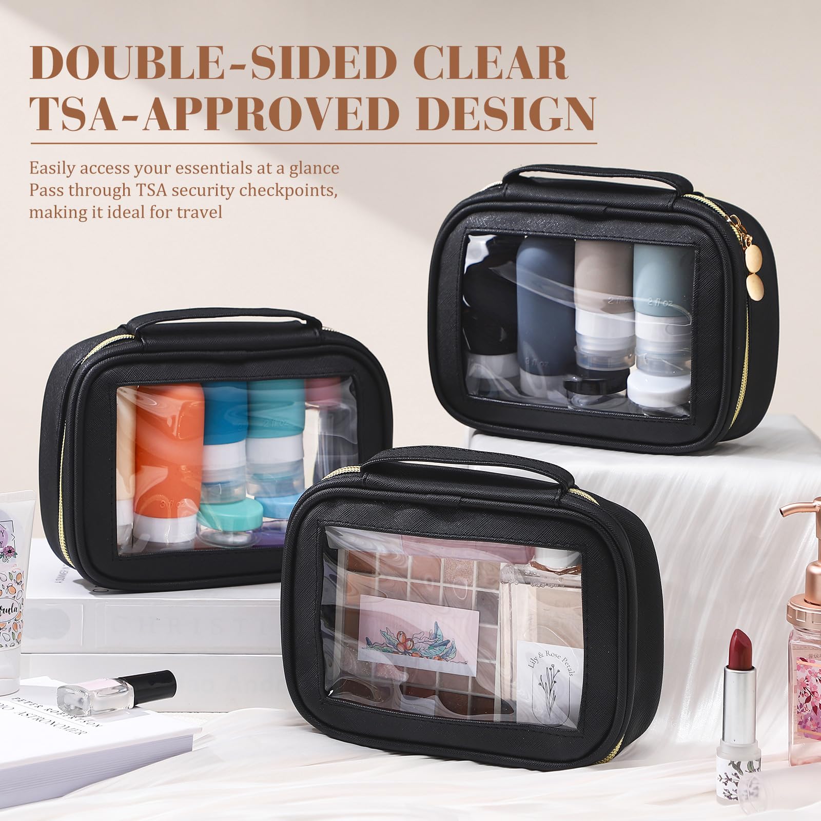 Kigeli 4 trousse trasparenti da viaggio per articoli da toeletta, piccole custodie per cosmetici, impermeabili, portatili, in pelle, con cerniera, organizer per auto, accessori essenziali per donne