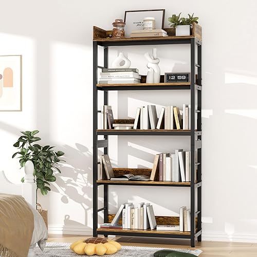 Miniatura 2 de Aquzee Librería, 66 "H 5-Tiers Heavy Duty Industrial Estantería de Madera y Metal, Rústica y Negro Unidades de Estante Alto para el Hogar, Oficina,