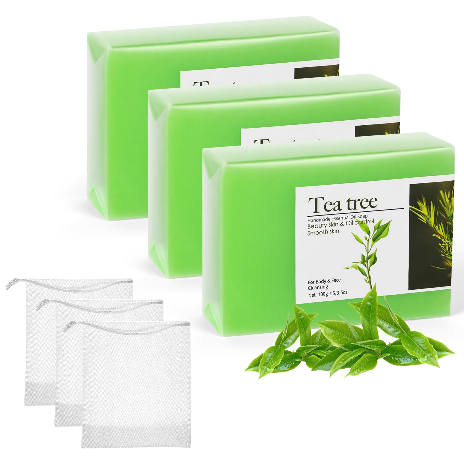 Natural Tea Tree Soap, Exfoliating Soap with 3*Bubble Net, Exfoliating Bar for Face and Body, Deep Cleansing Illuminating Bath Soaps for Oily Skin and Dry Skin (3*100g)